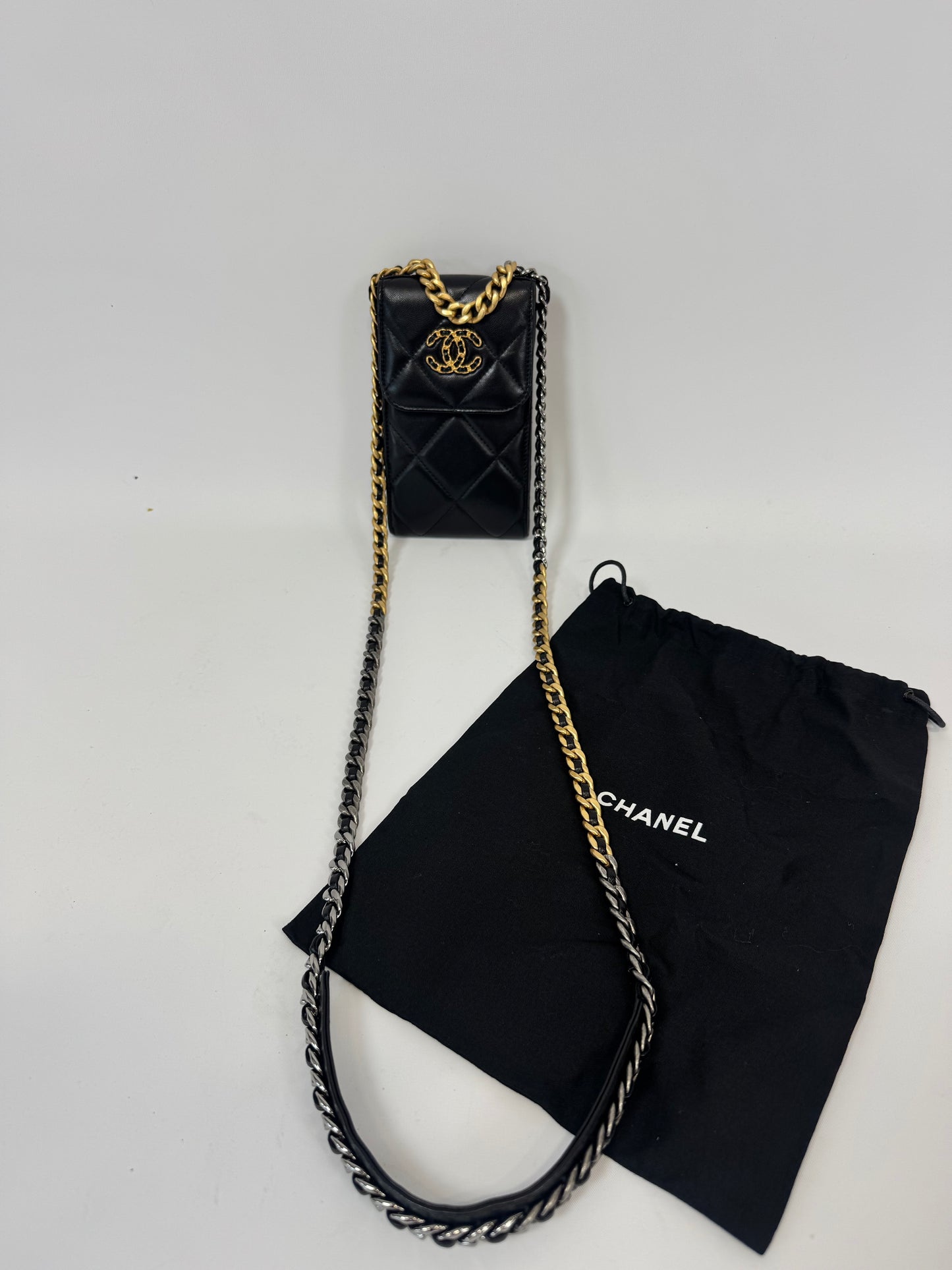 Chanel 19 Lambskin Quilted Phone Holder w/Chain - Black