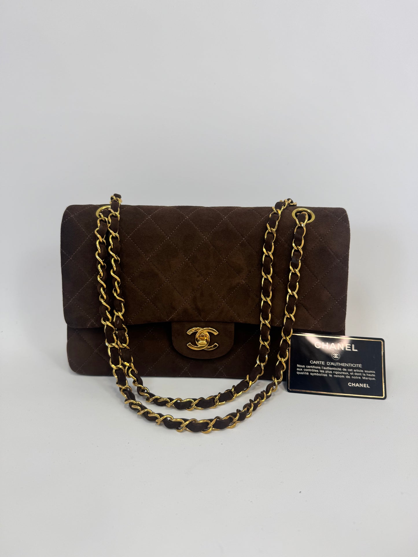 Chanel Brown Quilted Suede Double Flap - Vintage