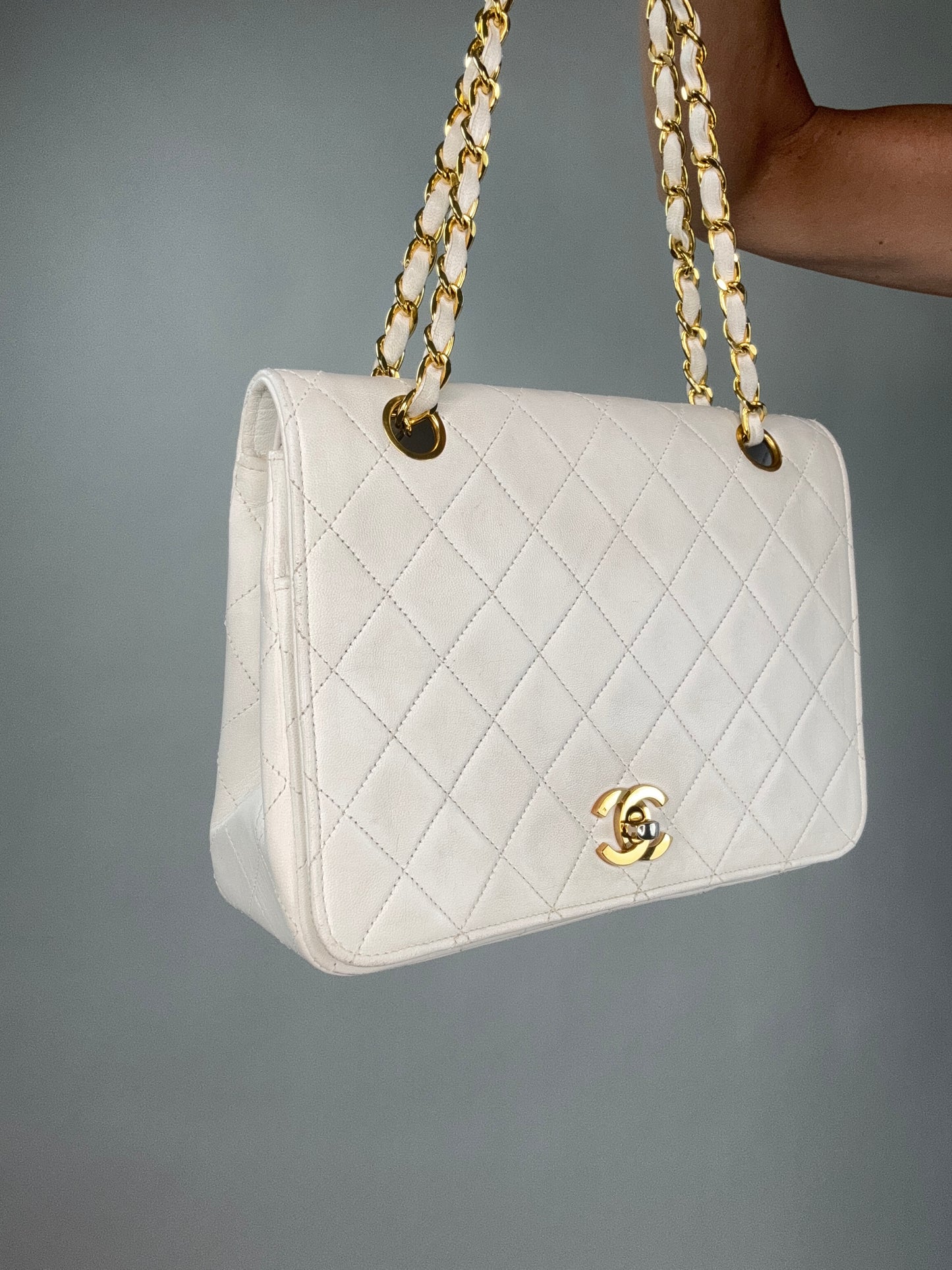 Chanel CC Quilted Matelasse Lambskin Single Flap Bag - White