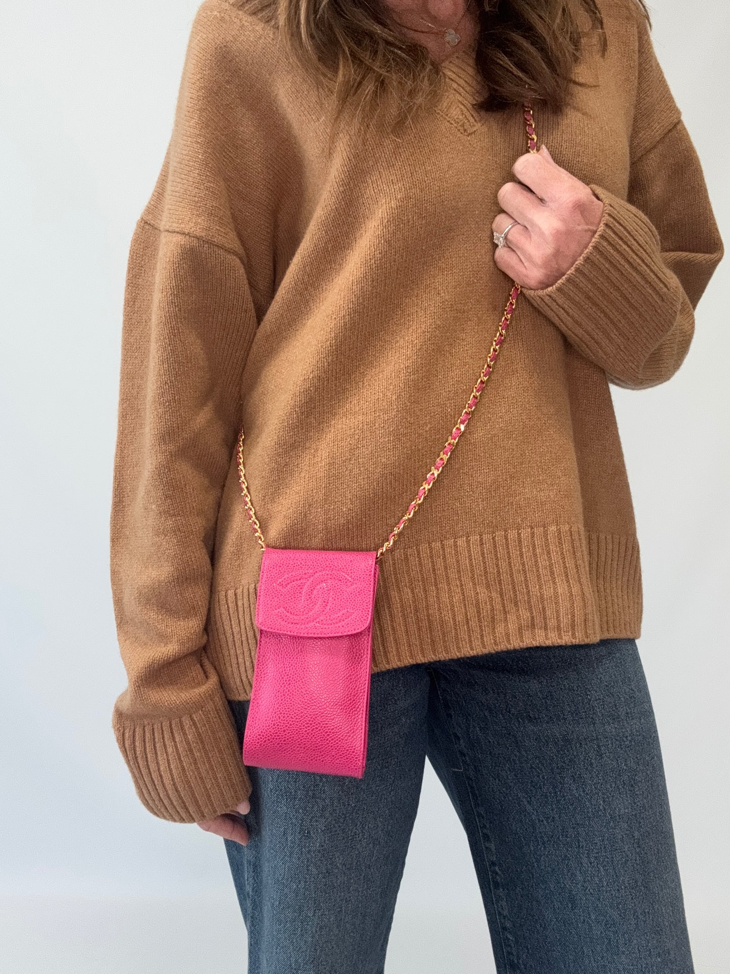 Chanel Caviar CC Phone Holder Crossbody - Pink