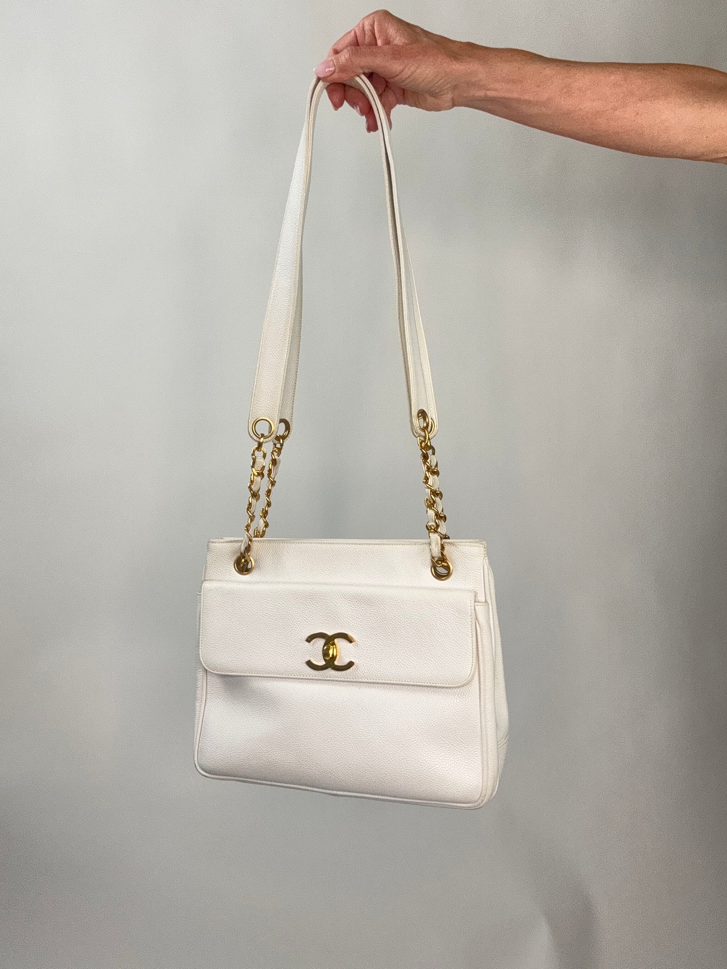 Chanel Caviar Front Pocket Tote - White