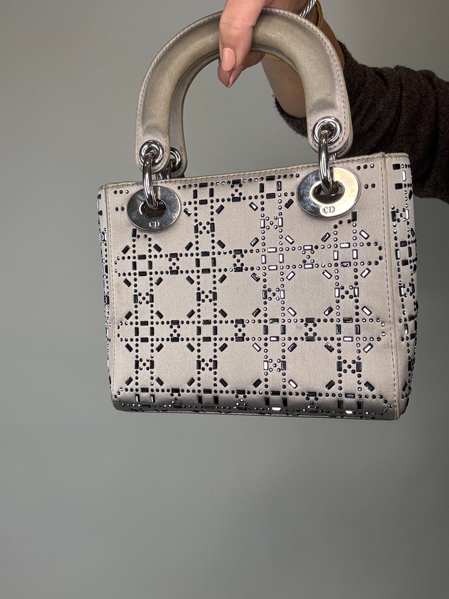 Christian Dior Mini Satin Cannage Crystal Embellished Lady Dior - Silver