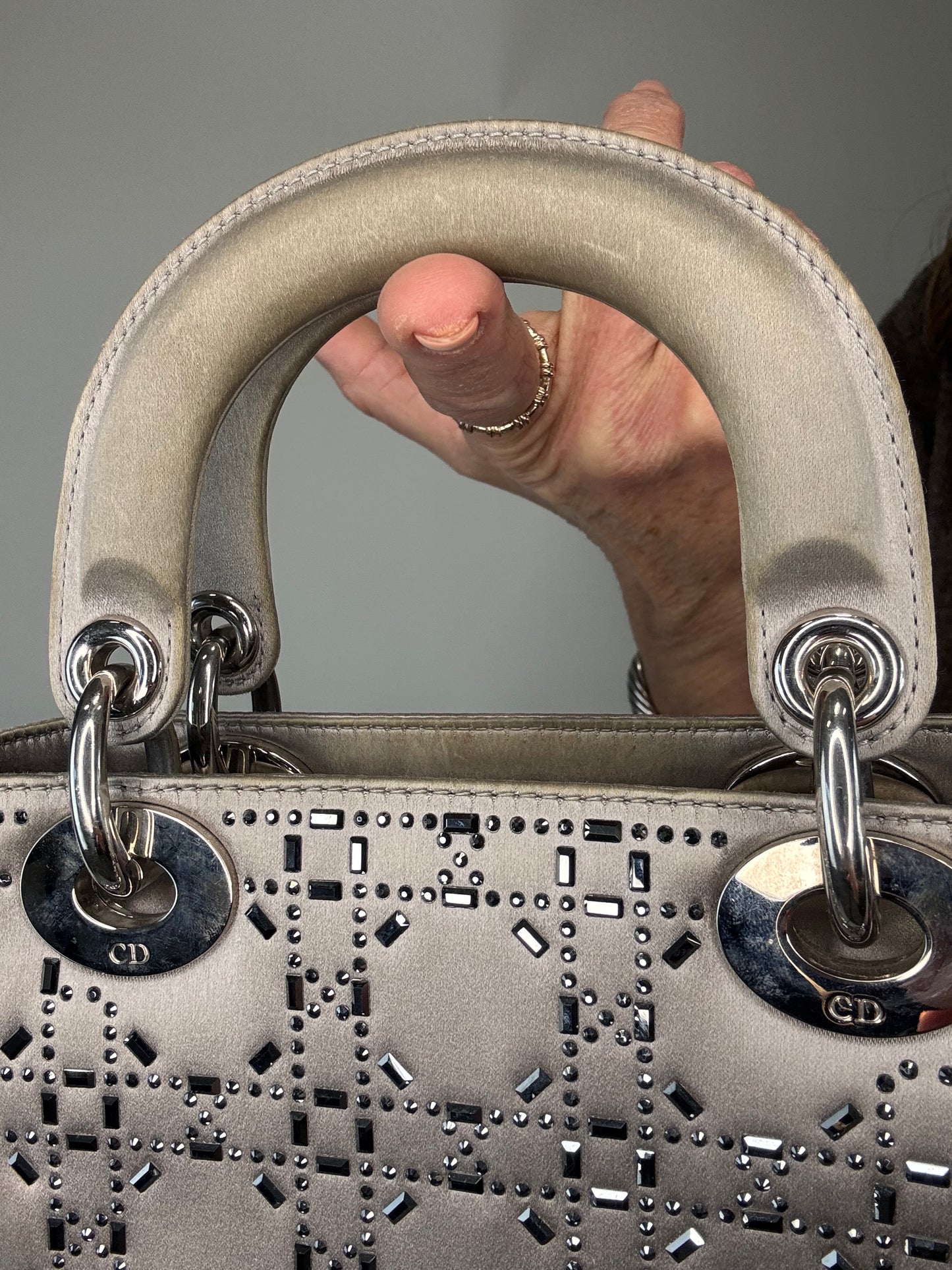 Christian Dior Mini Satin Cannage Crystal Embellished Lady Dior - Silver