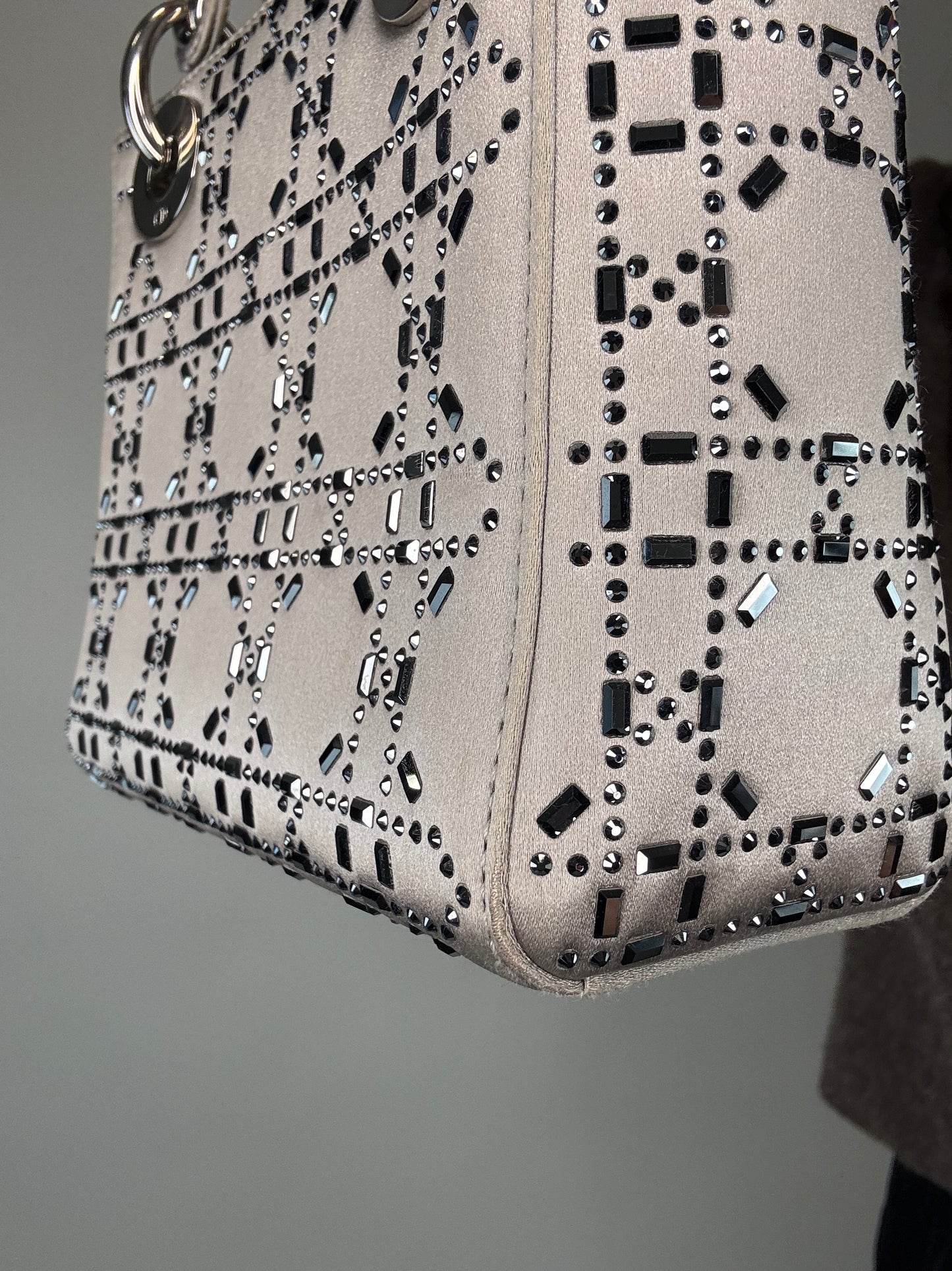 Christian Dior Mini Satin Cannage Crystal Embellished Lady Dior - Silver