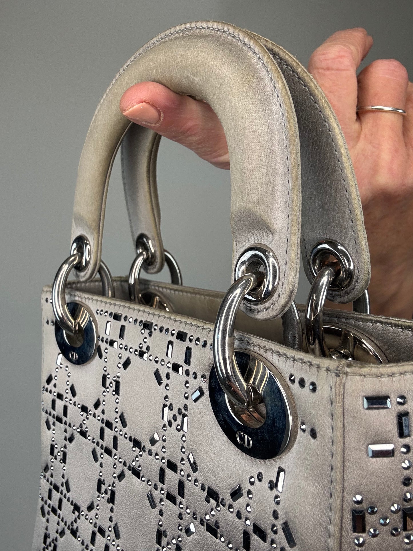 Christian Dior Mini Satin Cannage Crystal Embellished Lady Dior - Silver