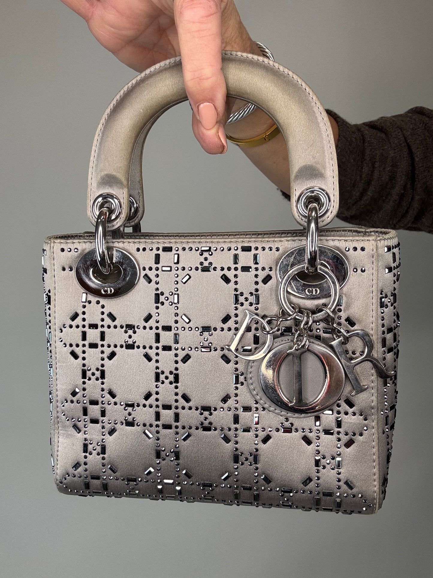 Christian Dior Mini Satin Cannage Crystal Embellished Lady Dior - Silver