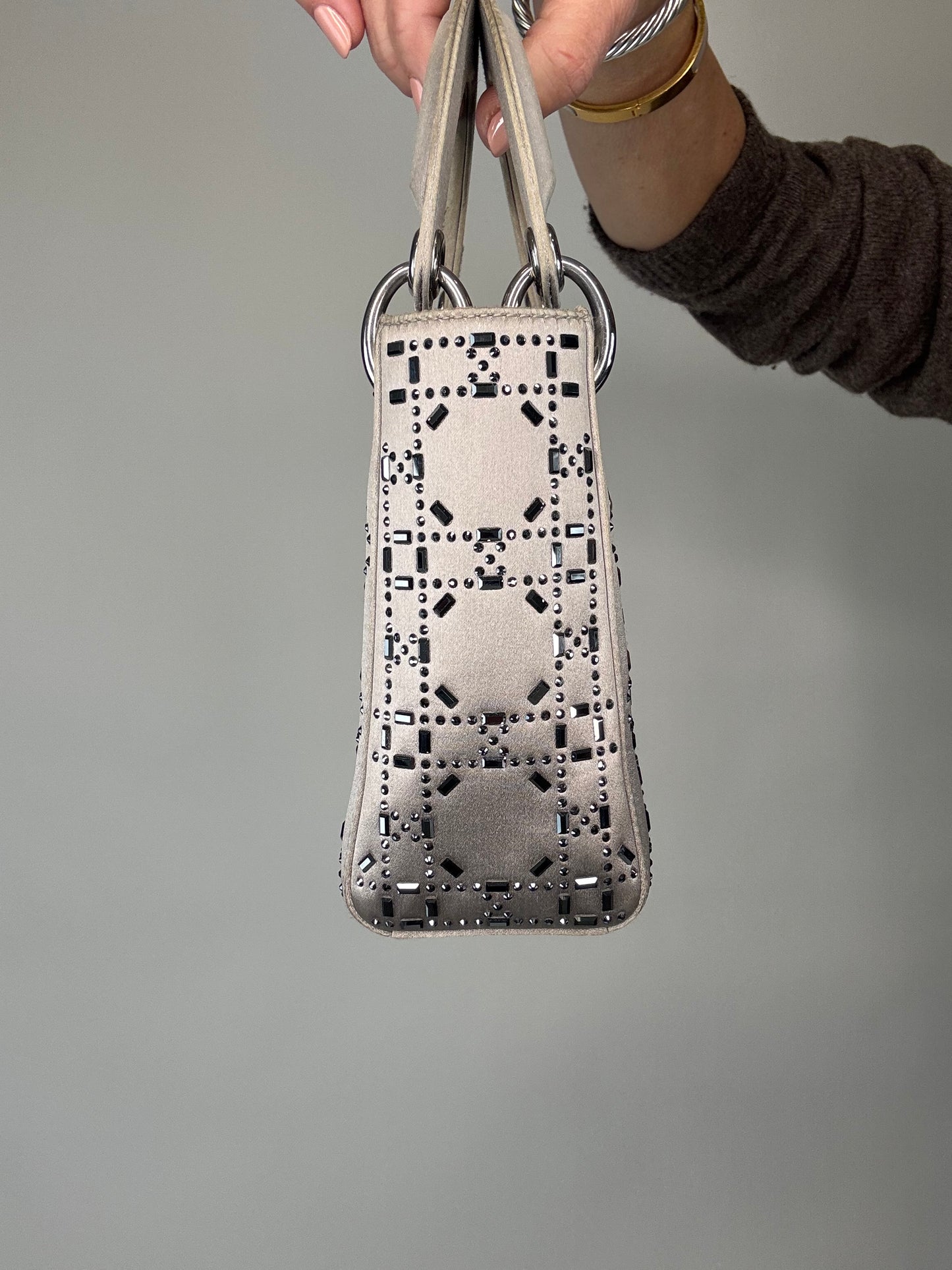Christian Dior Mini Satin Cannage Crystal Embellished Lady Dior - Silver