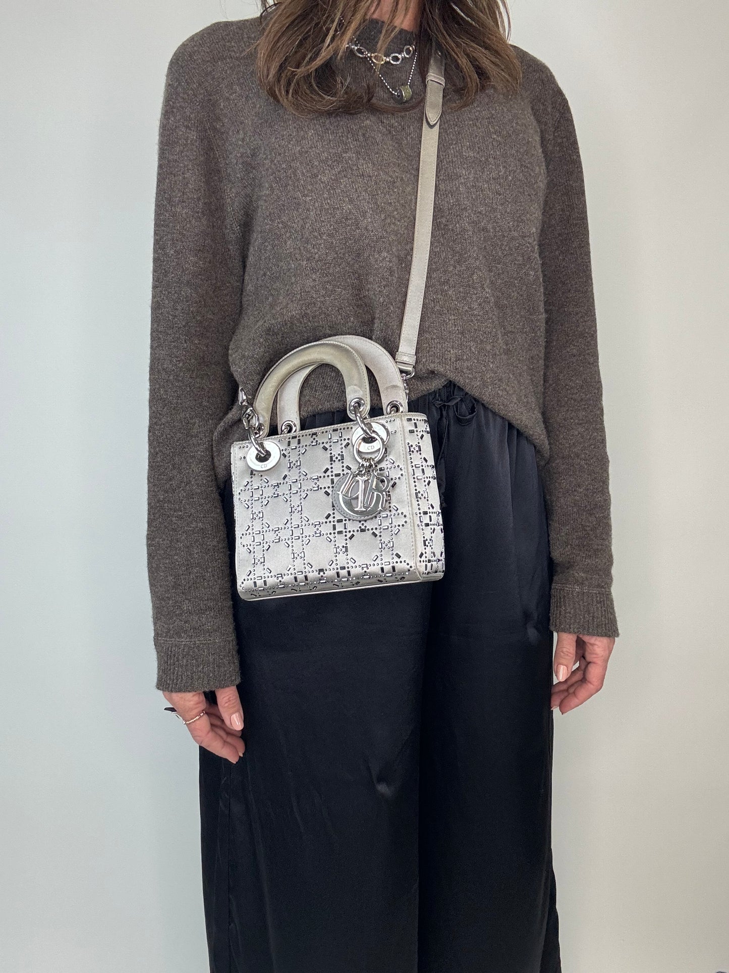 Christian Dior Mini Satin Cannage Crystal Embellished Lady Dior - Silver
