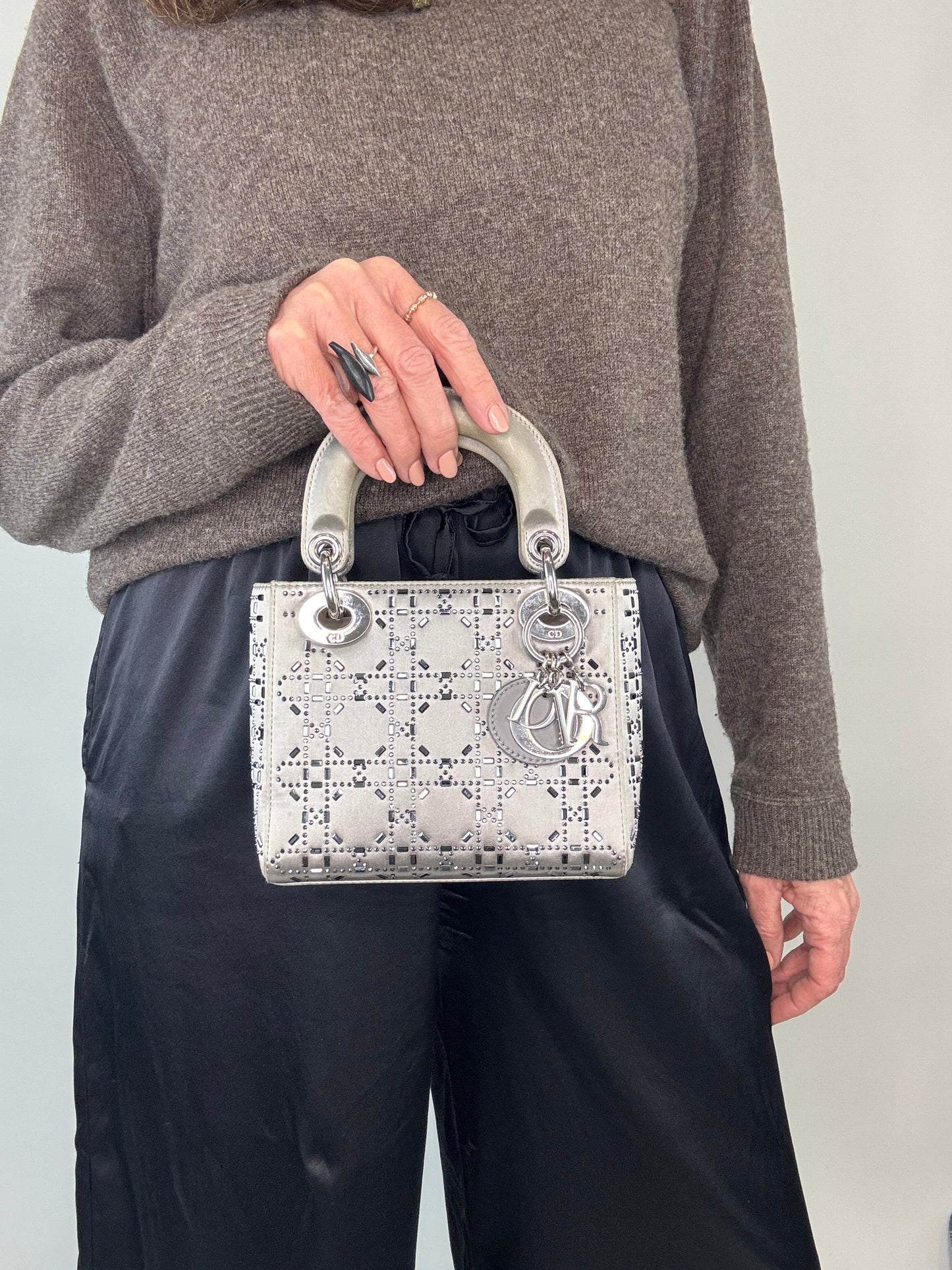 Christian Dior Mini Satin Cannage Crystal Embellished Lady Dior - Silver