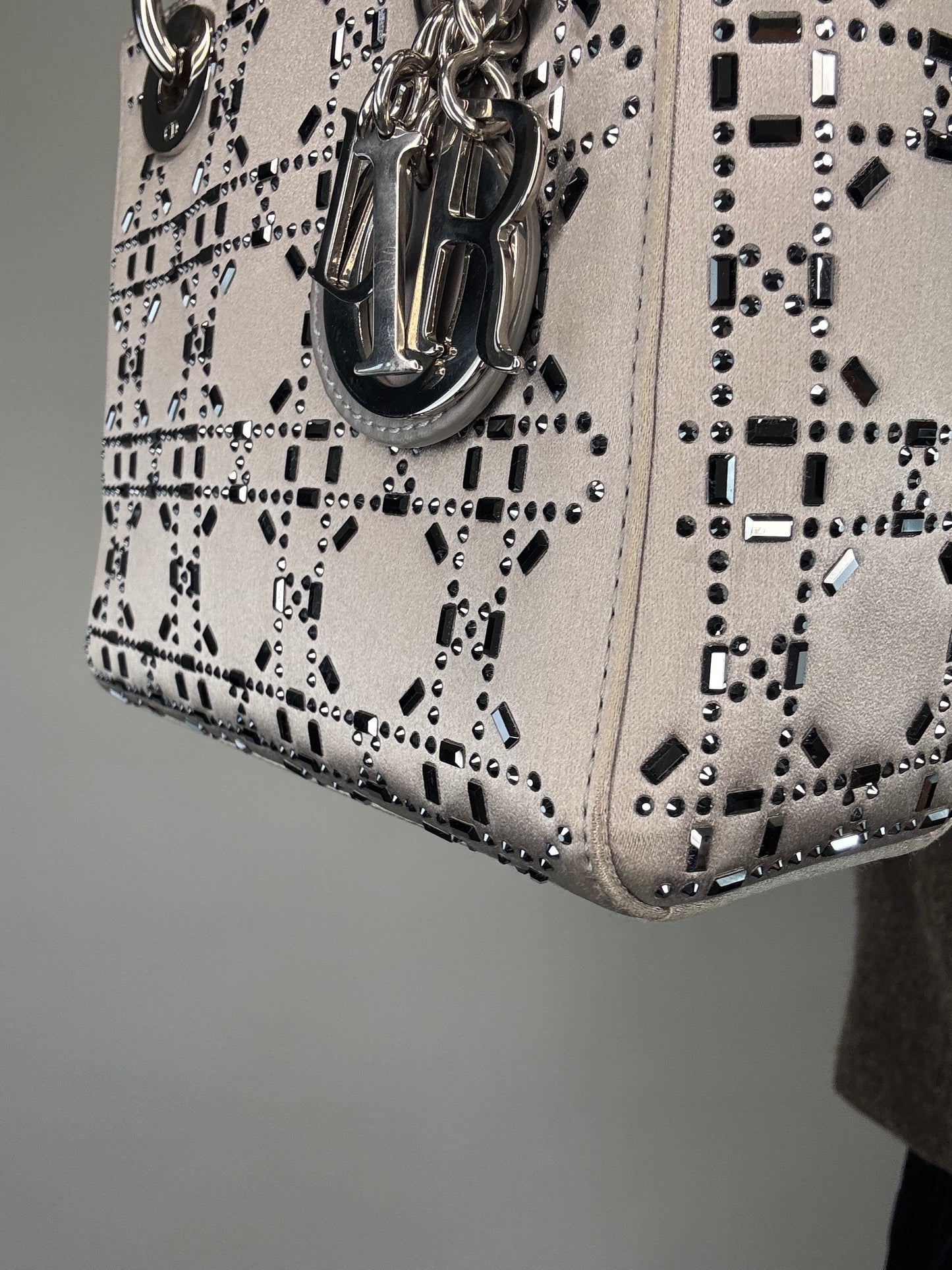 Christian Dior Mini Satin Cannage Crystal Embellished Lady Dior - Silver