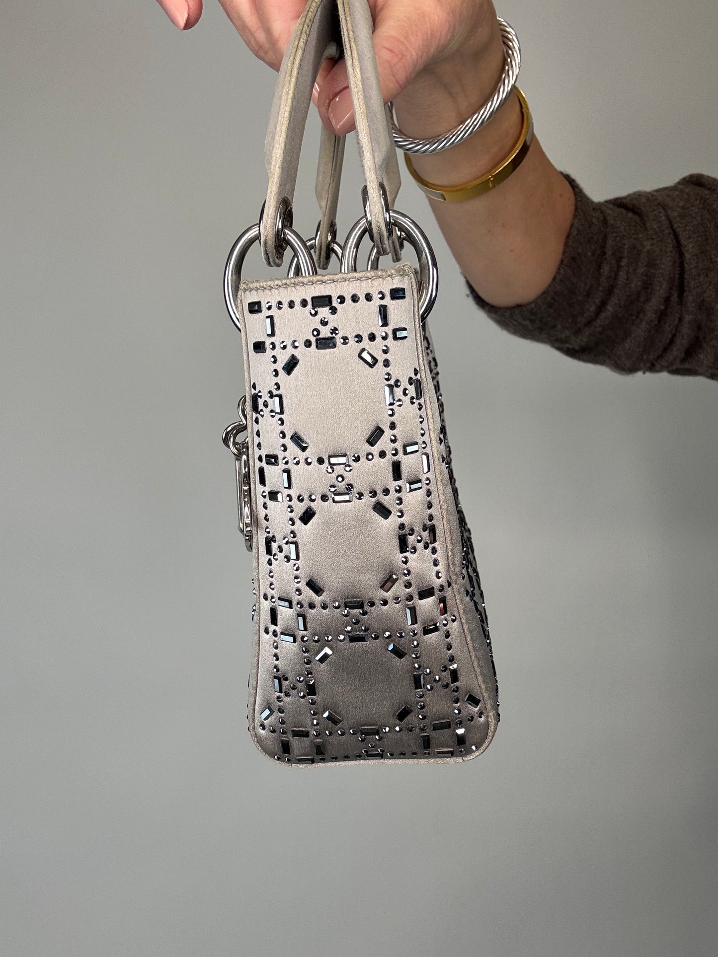 Christian Dior Mini Satin Cannage Crystal Embellished Lady Dior - Silver
