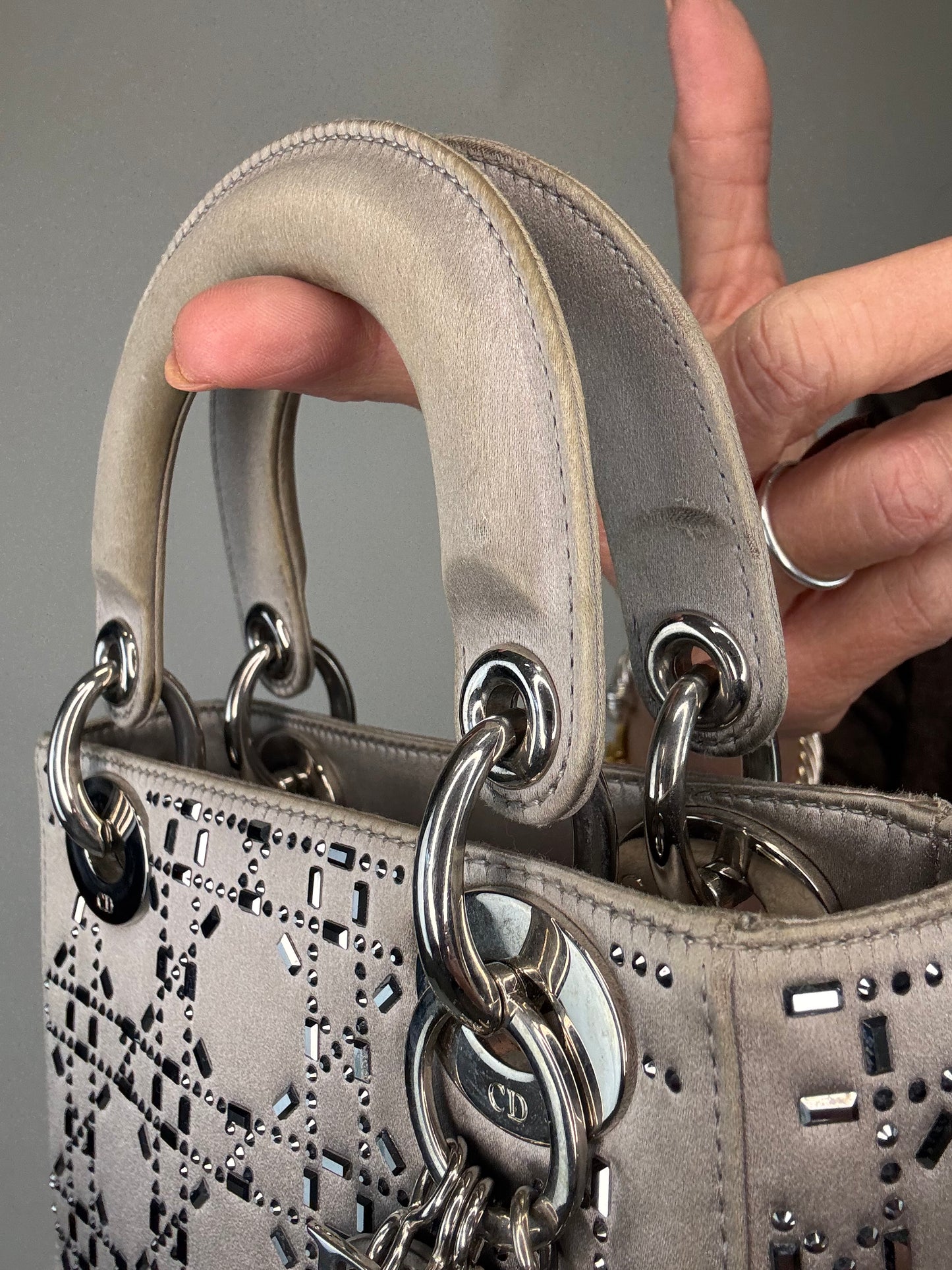 Christian Dior Mini Satin Cannage Crystal Embellished Lady Dior - Silver