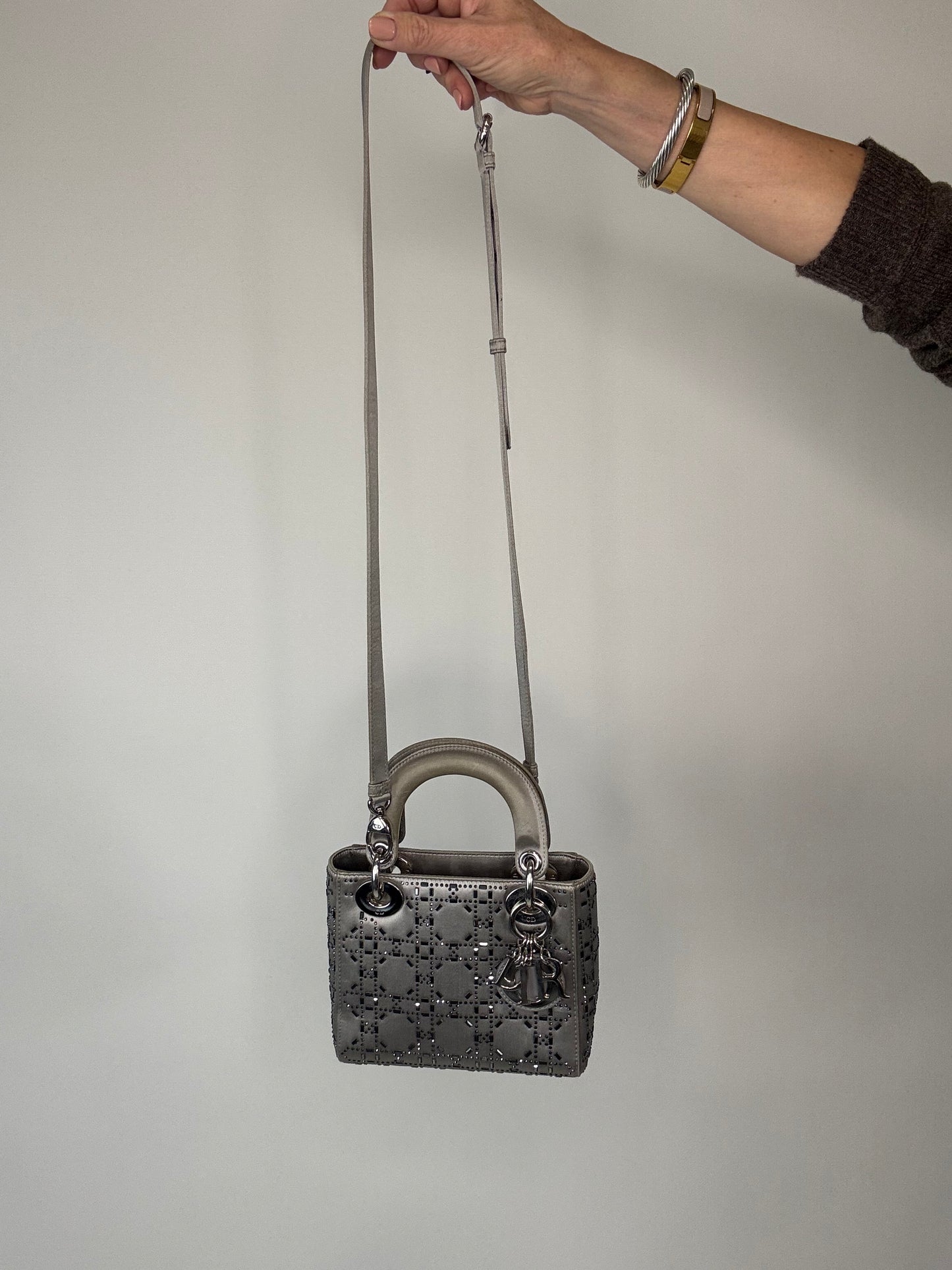 Christian Dior Mini Satin Cannage Crystal Embellished Lady Dior - Silver