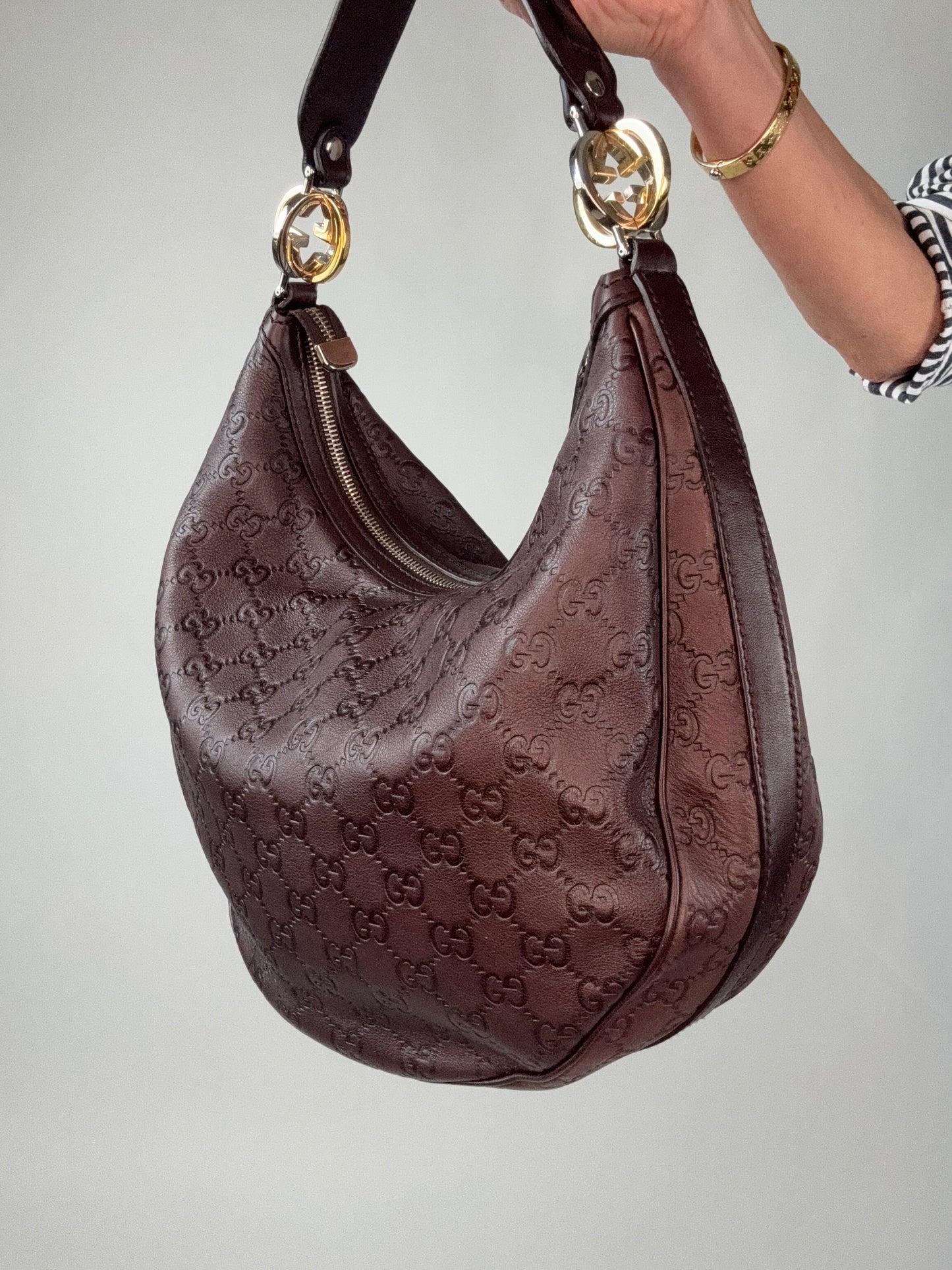 Gucci Brown Leather Guccissima GG Twins Hobo