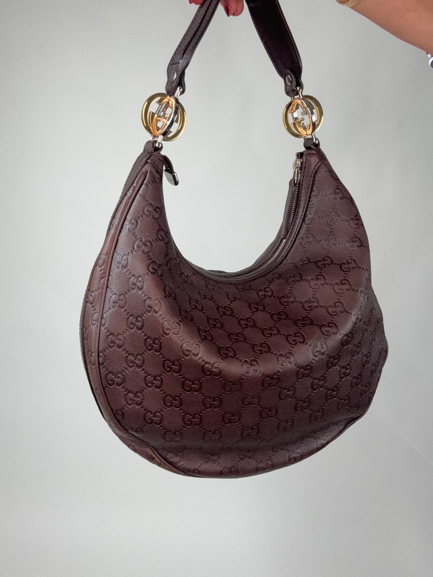 Gucci Brown Leather Guccissima GG Twins Hobo