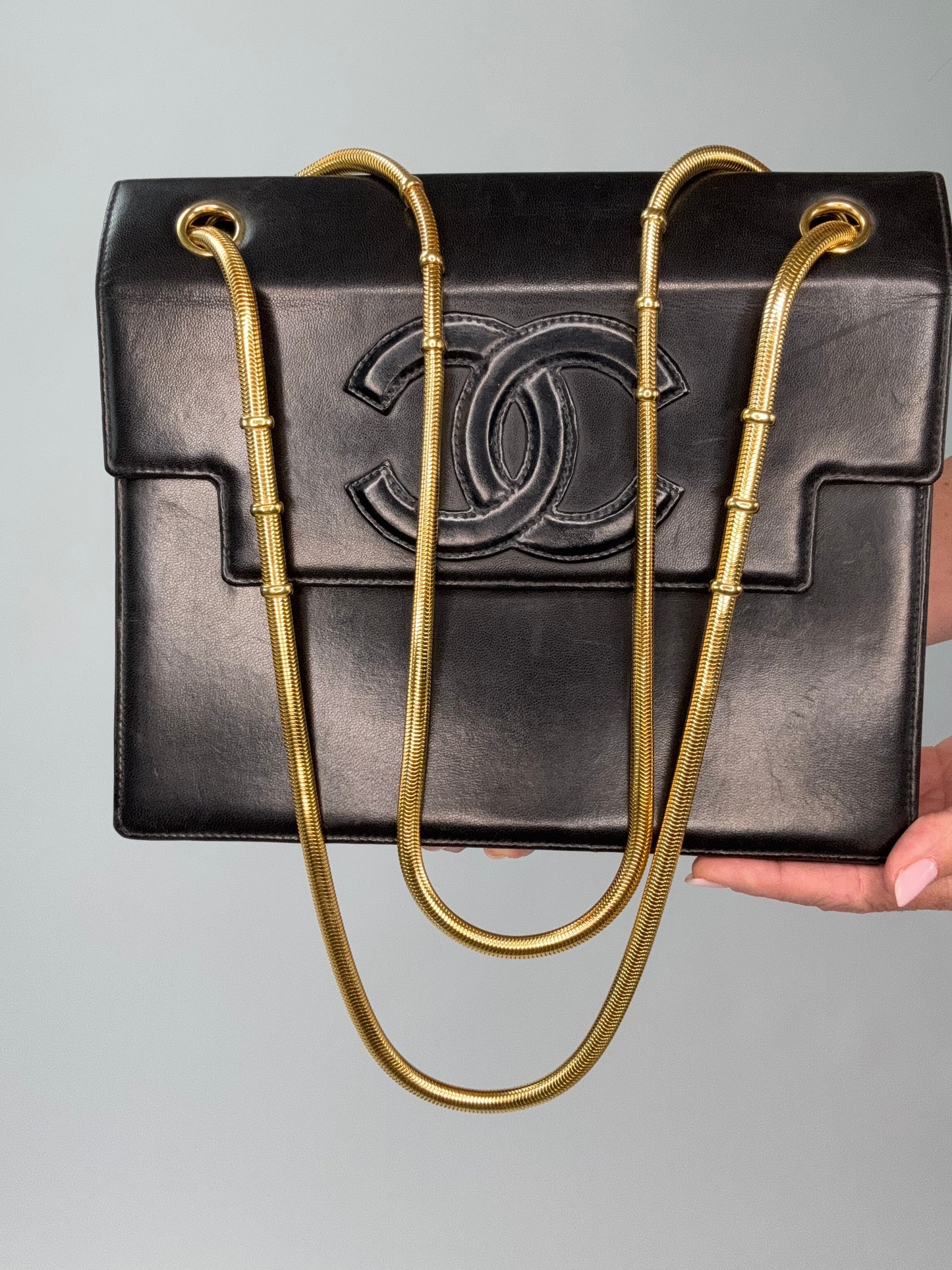 Chanel Vintage Coco Mark Flap Lambskin With Snake Chain Bag
