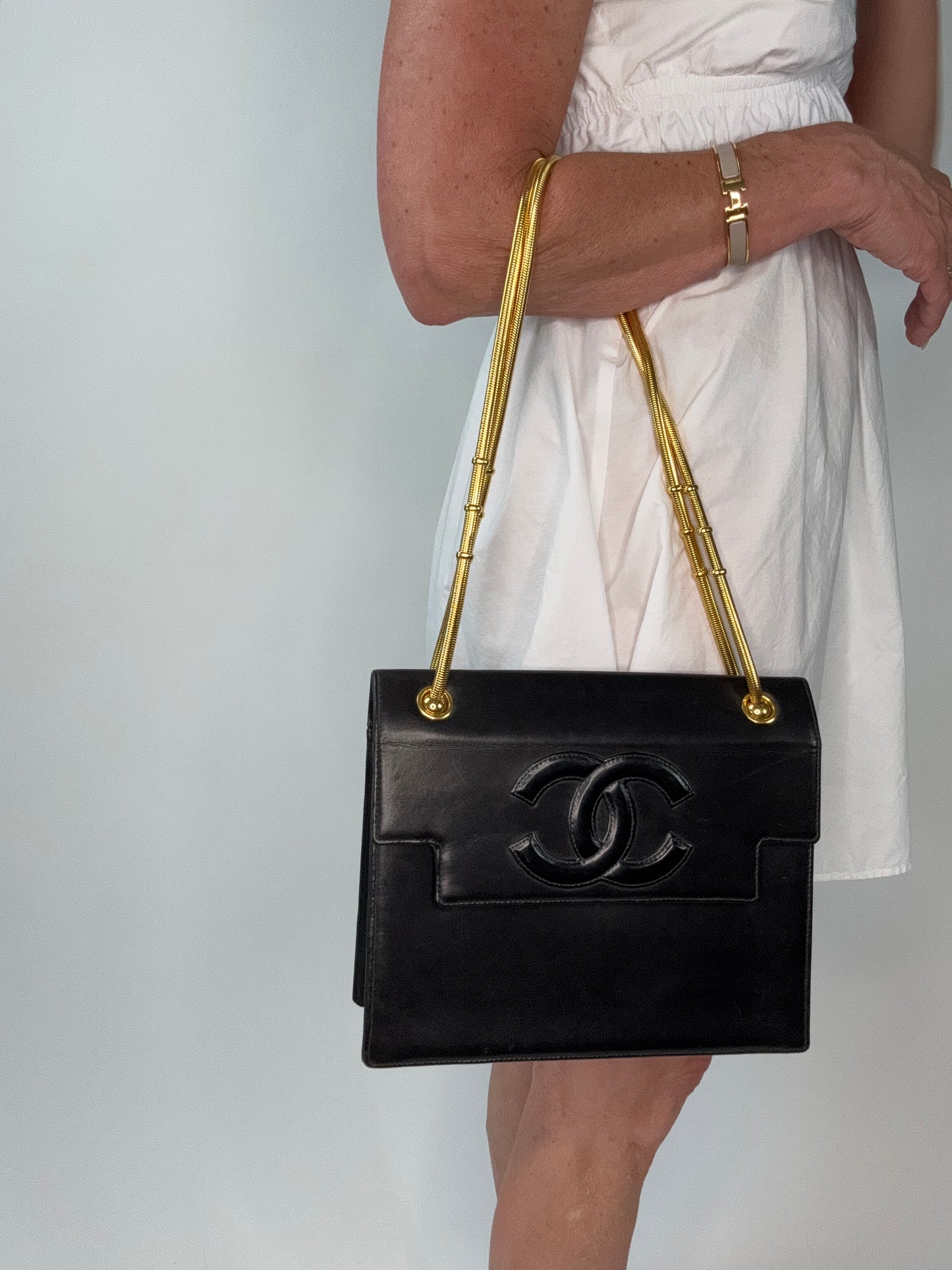 Chanel Vintage Coco Mark Flap Lambskin With Snake Chain Bag