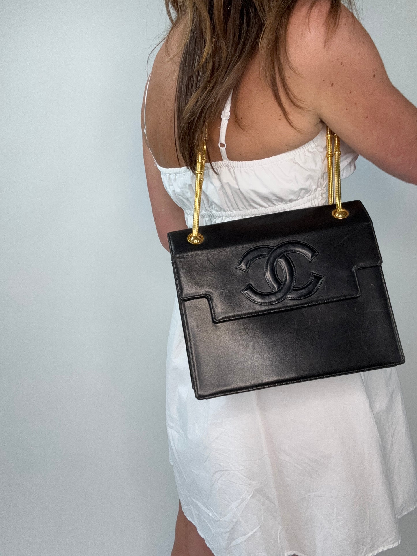 Chanel Vintage Coco Mark Flap Lambskin With Snake Chain Bag