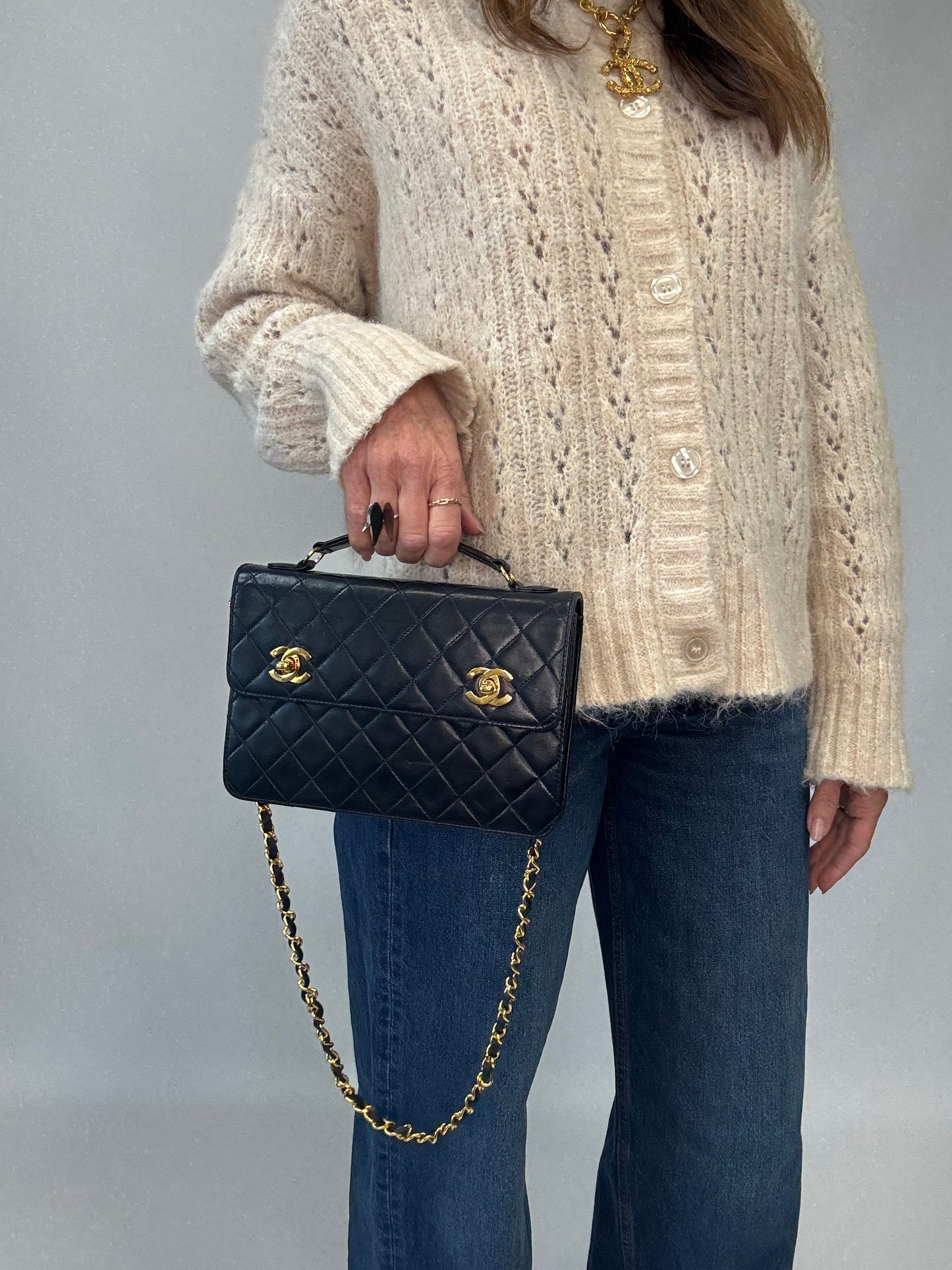 Chanel Double Turn Lock Brief Case Bag-Vintage Deep Navy/Black