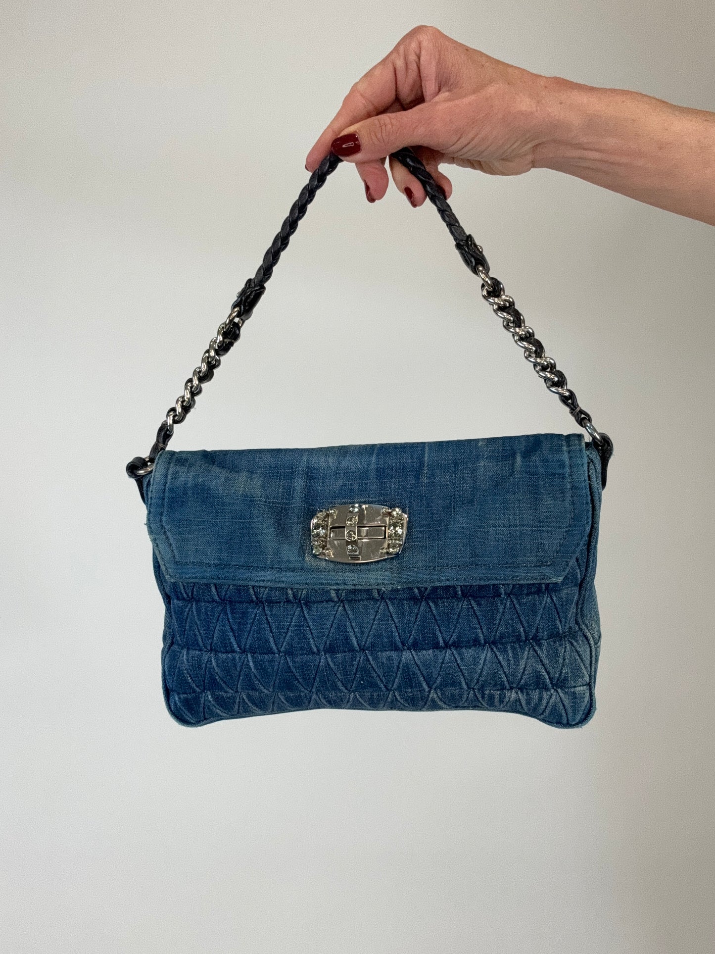 Miu Miu Matelasse Rare Denim Crystal Turn lock Shoulder Bag