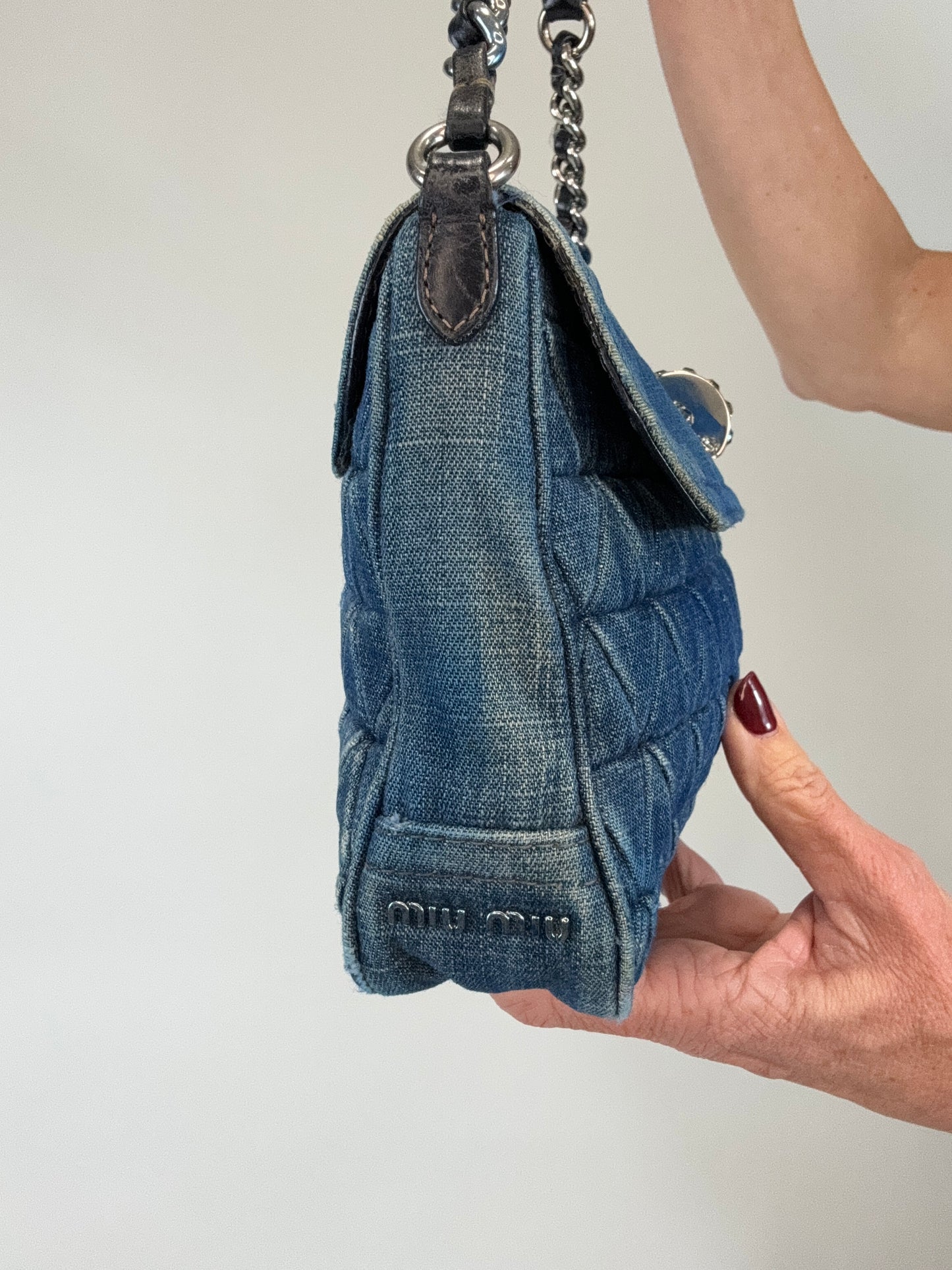 Miu Miu Matelasse Rare Denim Crystal Turn lock Shoulder Bag