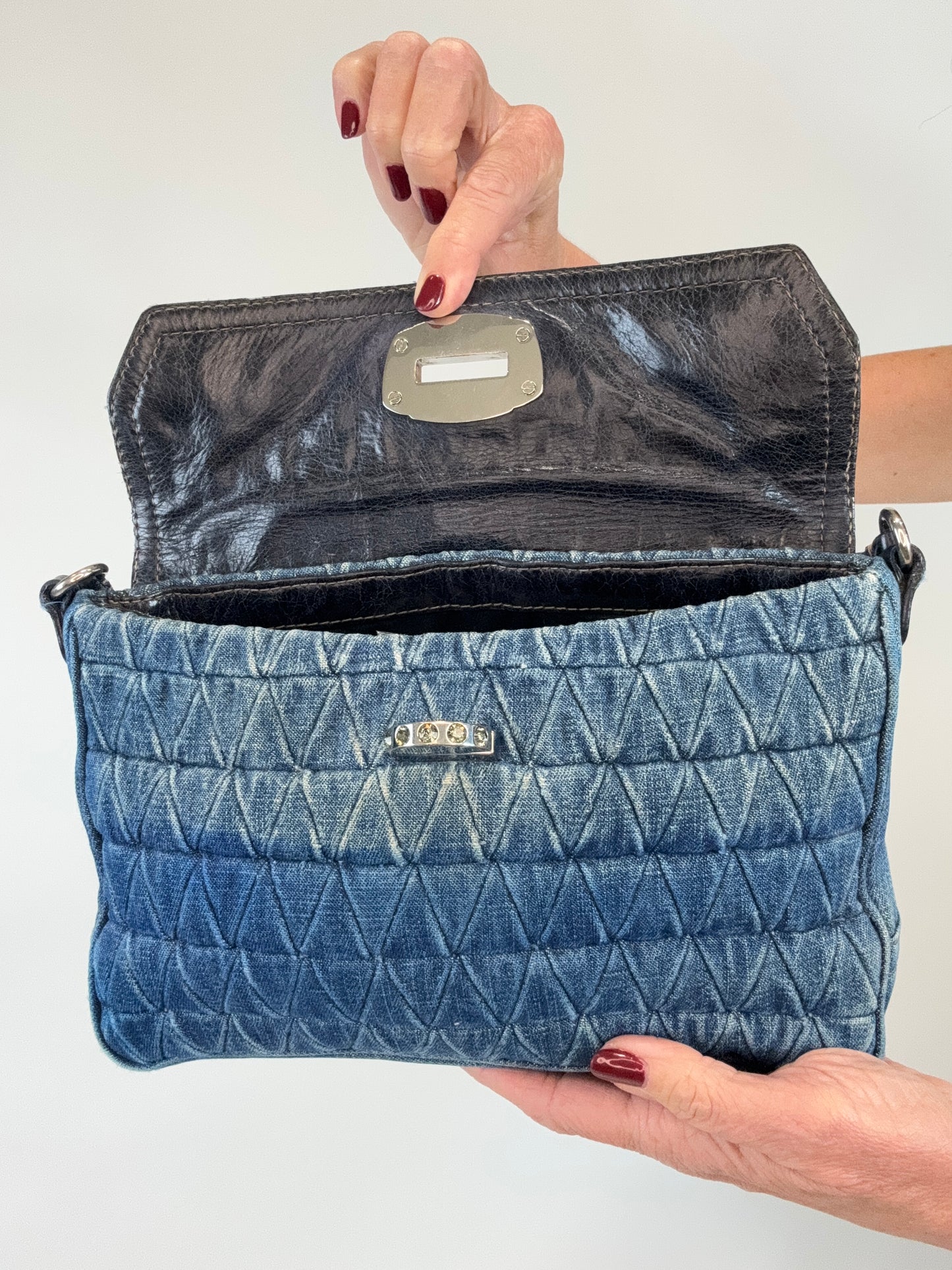 Miu Miu Matelasse Rare Denim Crystal Turn lock Shoulder Bag