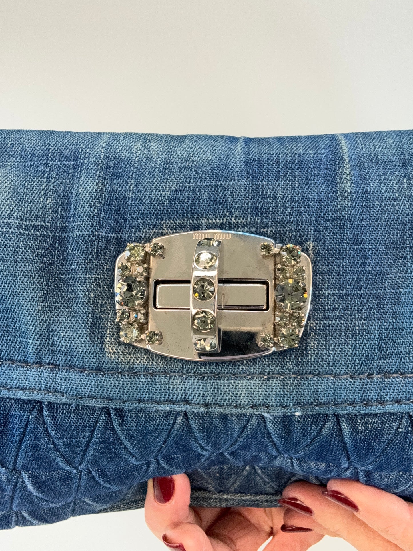 Miu Miu Matelasse Rare Denim Crystal Turn lock Shoulder Bag