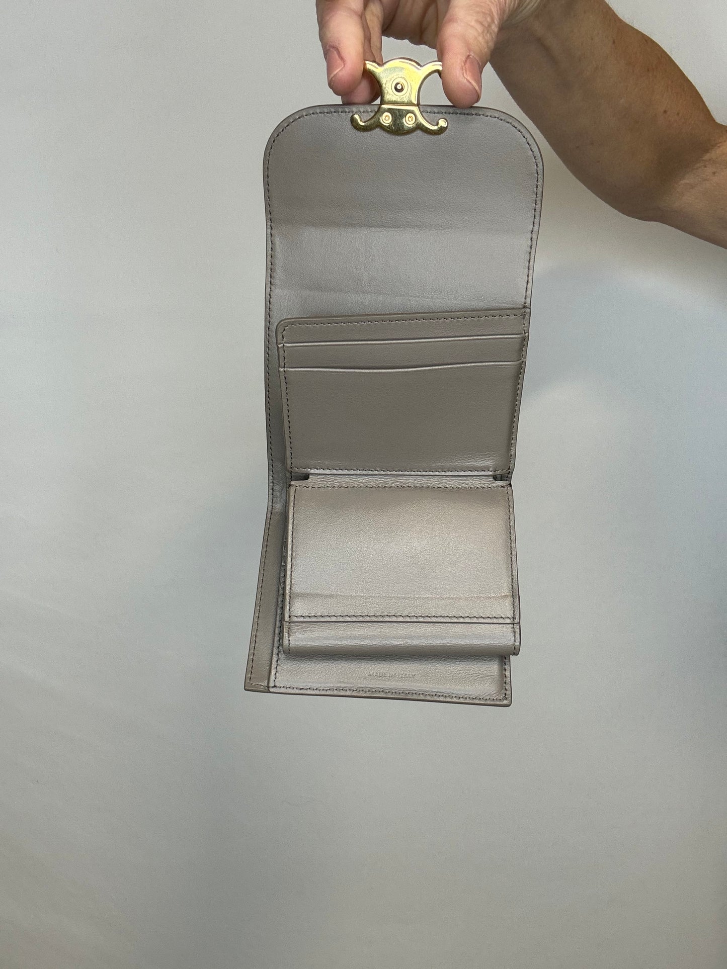 CELINE Small Wallet Triomphe Trifold Wallet Gray Beige Leather
