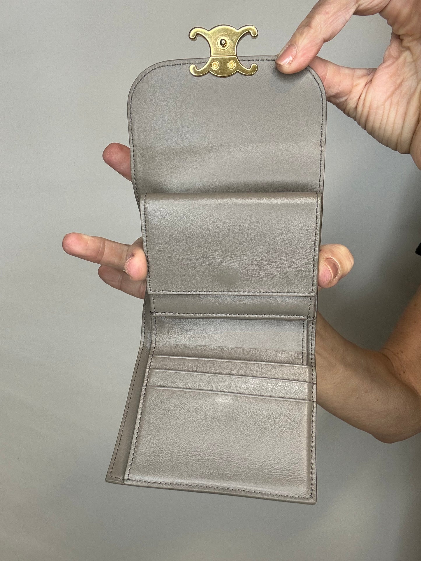 CELINE Small Wallet Triomphe Trifold Wallet Gray Beige Leather