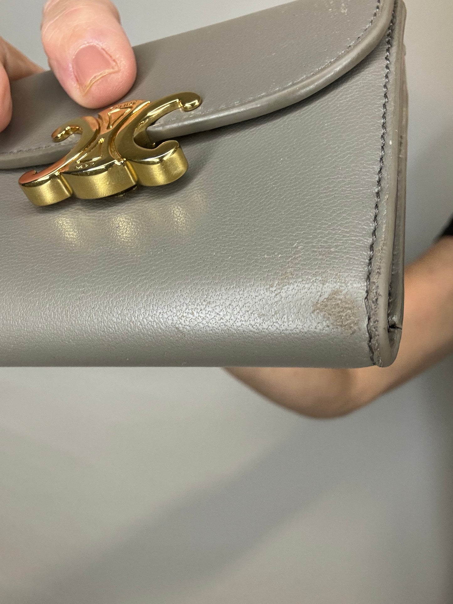 CELINE Small Wallet Triomphe Trifold Wallet Gray Beige Leather