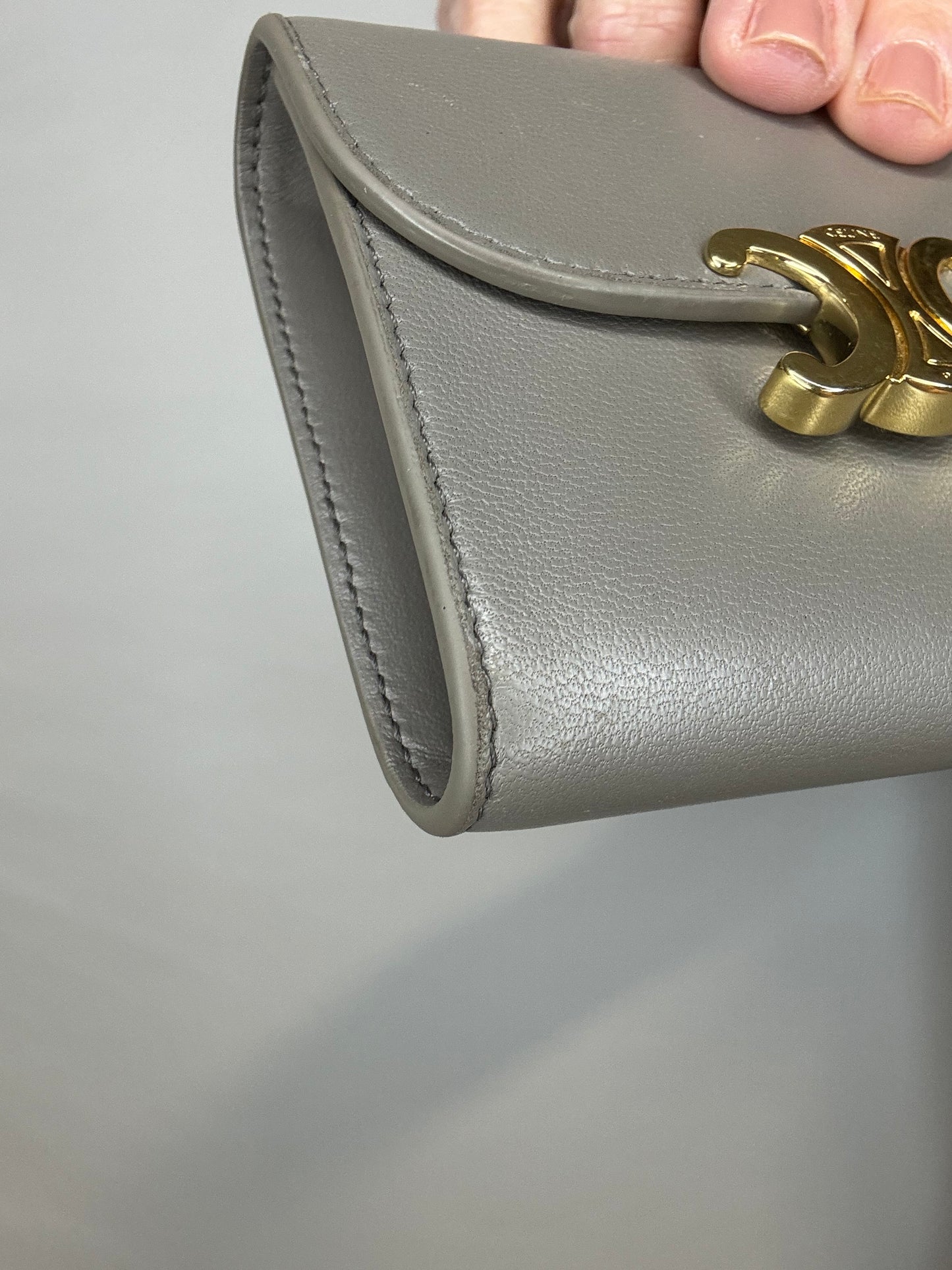 CELINE Small Wallet Triomphe Trifold Wallet Gray Beige Leather