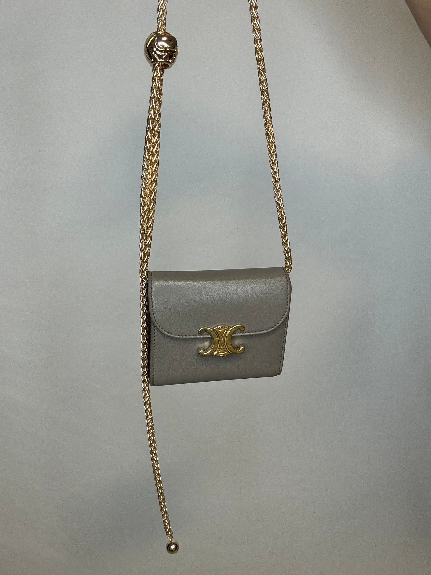 CELINE Small Wallet Triomphe Trifold Wallet Gray Beige Leather
