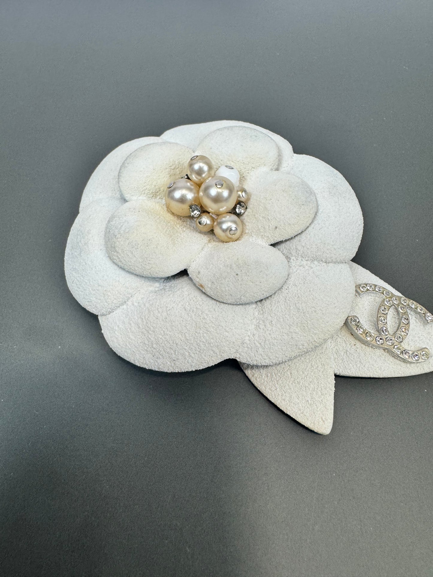 Chanel Silver Vintage Camellia White Steel Brooch