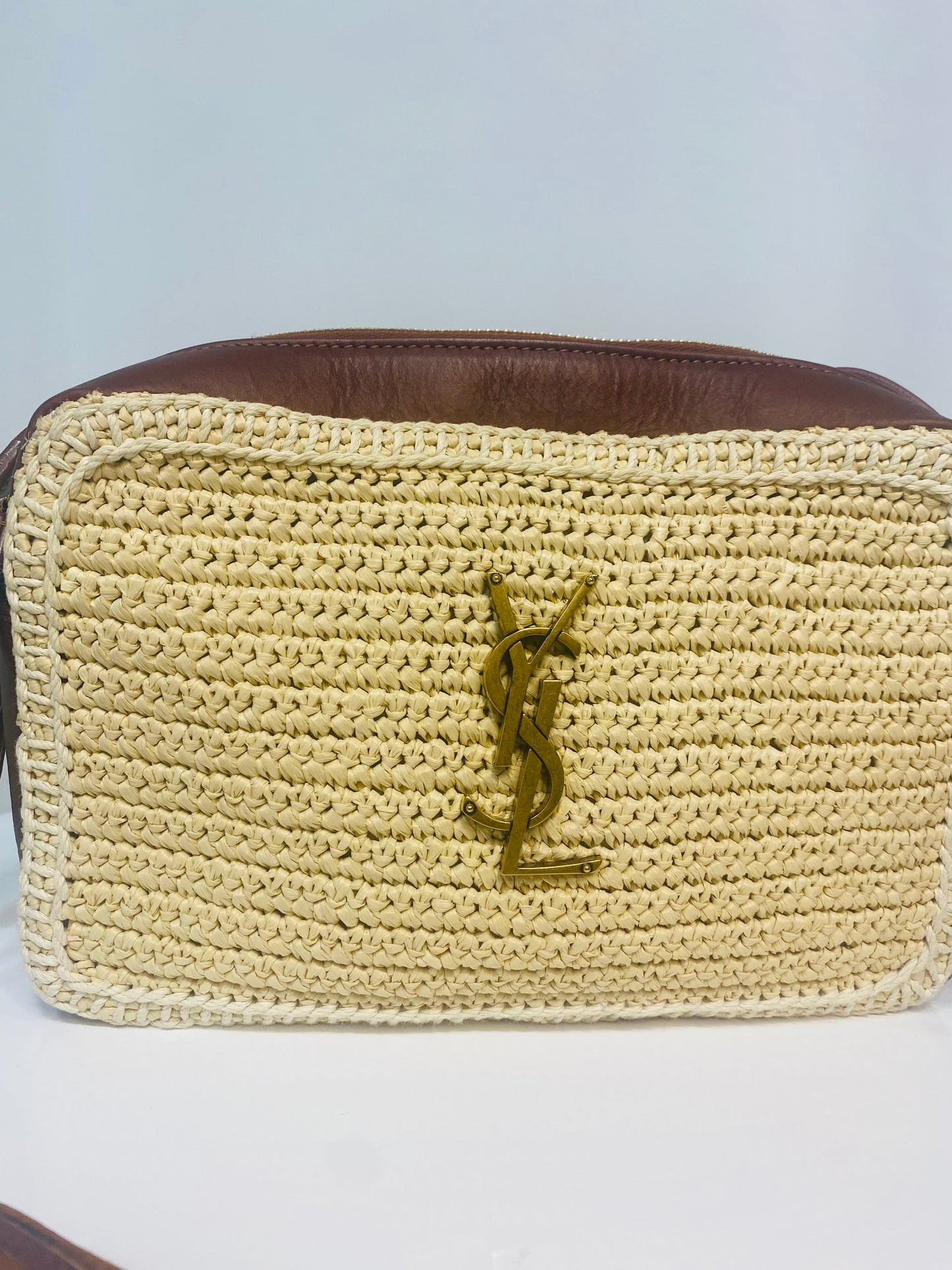 YVES SAINT LAURENT Shoulder Bag Straw / Leather Brown