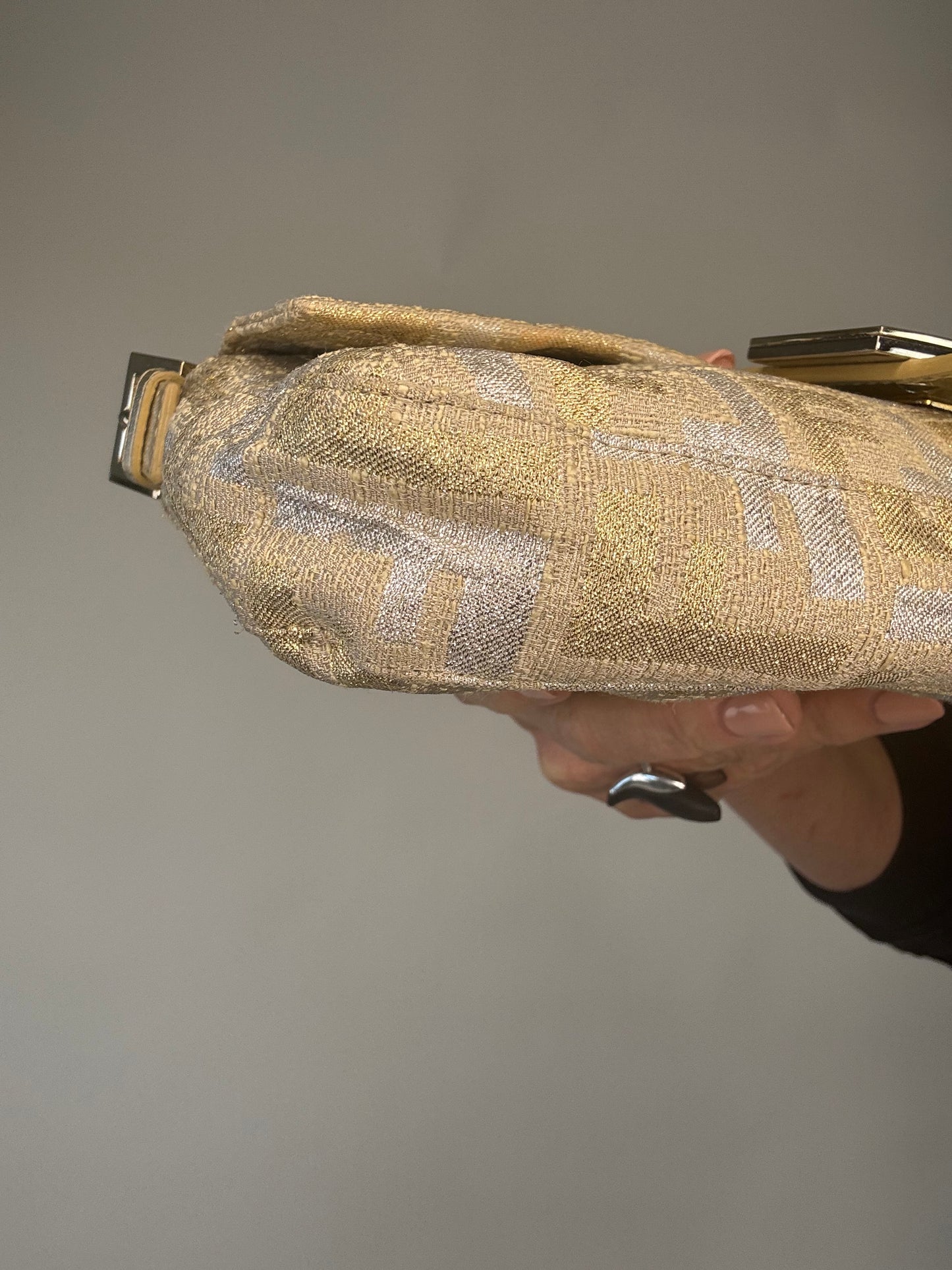 Fendi Mamma Baguette Silver/Gold Jacquard Glitter Shoulder Bag
