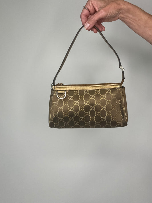 GUCCI Abbey Handbag  Dark Brown Gold Jacquard Leather