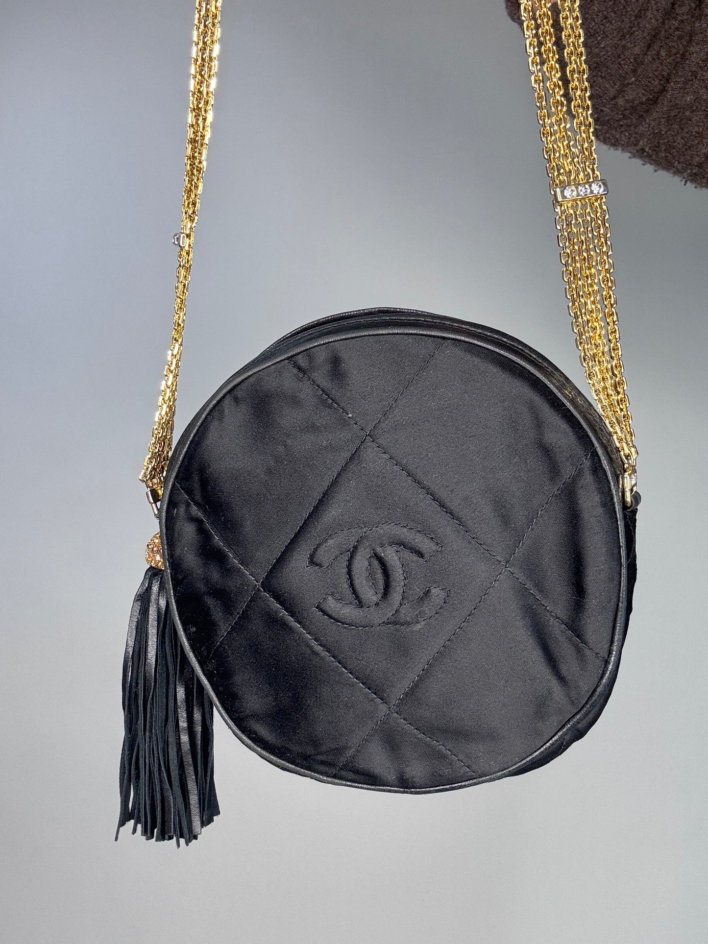 Chanel Rare Circle CC Black Satin Rhinestone Shoulder Crossbody Bag