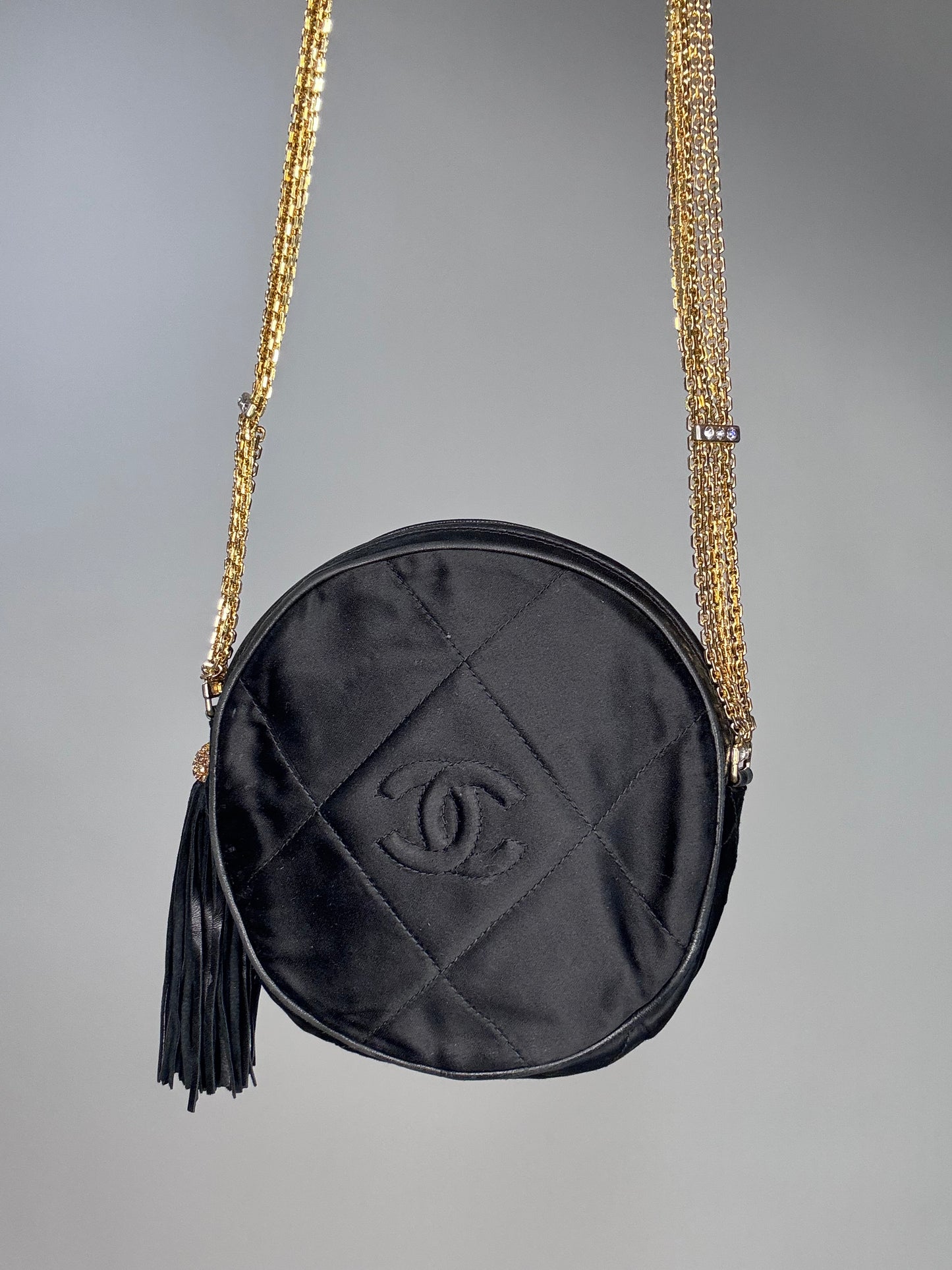 Chanel Rare Circle CC Black Satin Rhinestone Shoulder Crossbody Bag