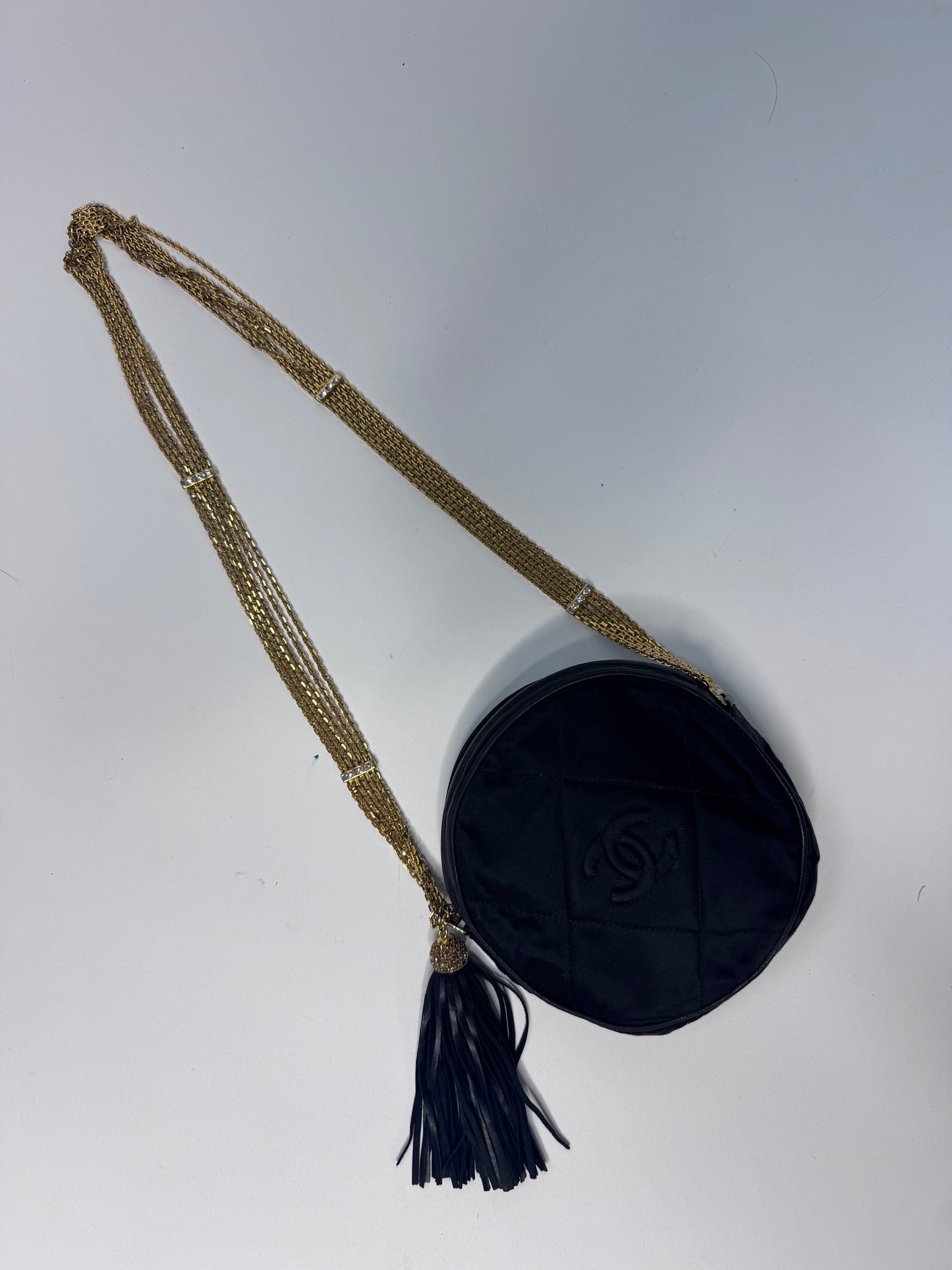 Chanel Rare Circle CC Black Satin Rhinestone Shoulder Crossbody Bag