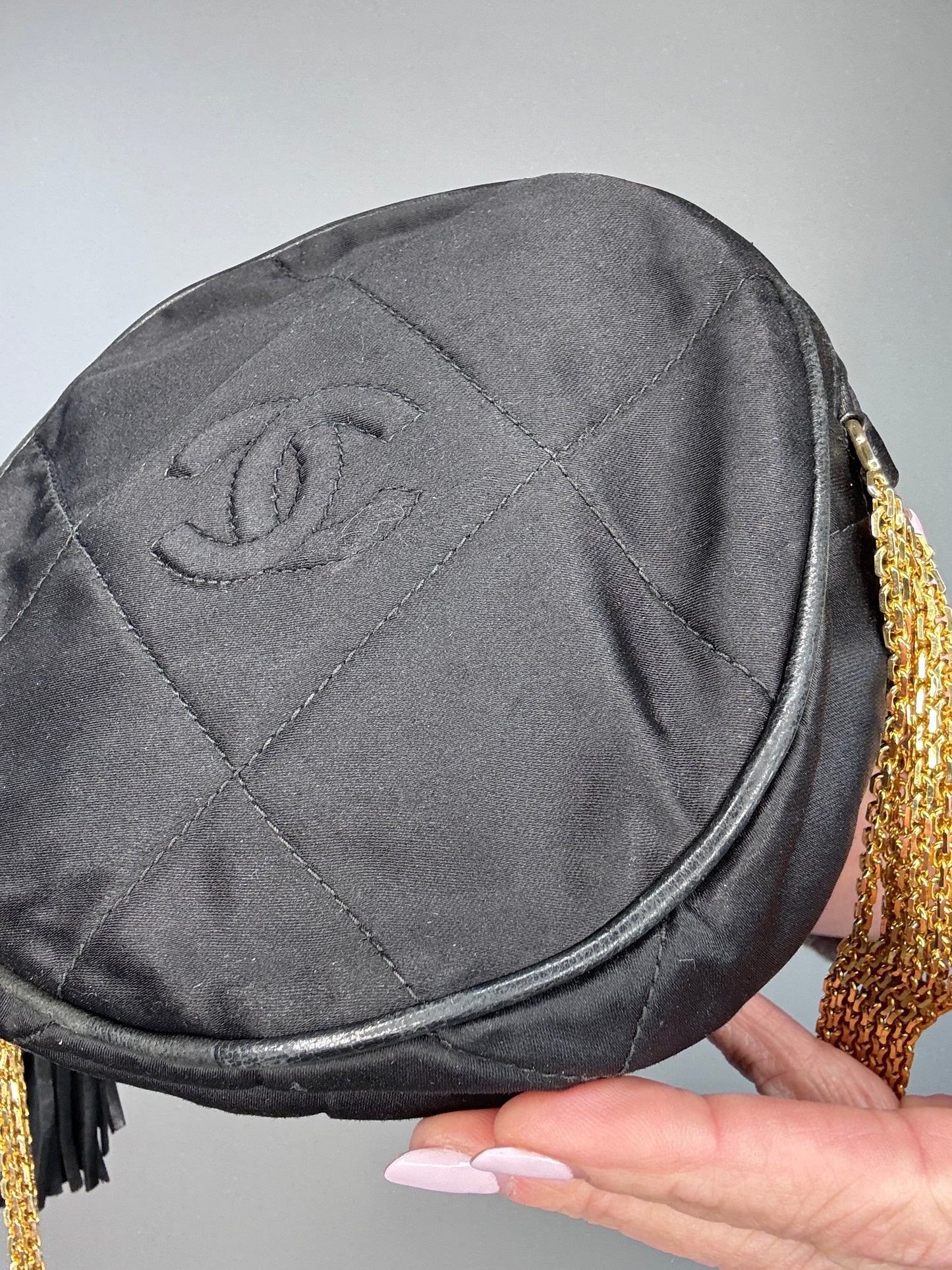 Chanel Rare Circle CC Black Satin Rhinestone Shoulder Crossbody Bag