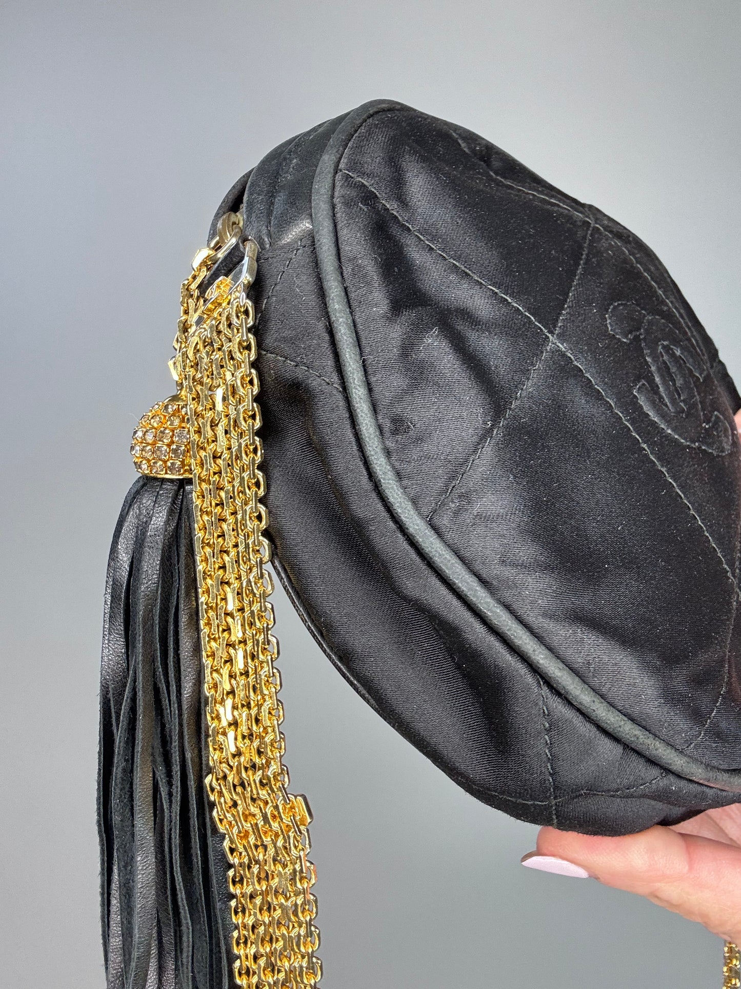 Chanel Rare Circle CC Black Satin Rhinestone Shoulder Crossbody Bag