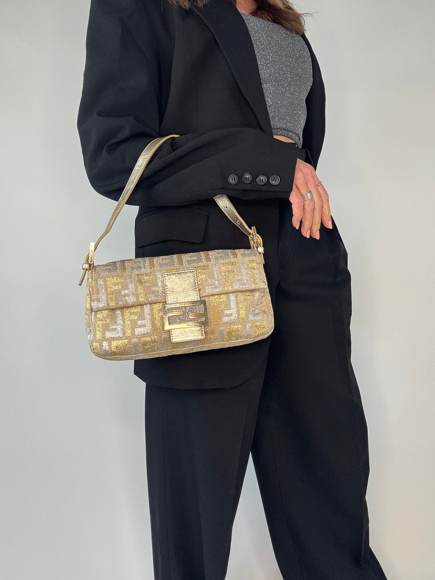 Fendi Mamma Baguette Silver/Gold Jacquard Glitter Shoulder Bag