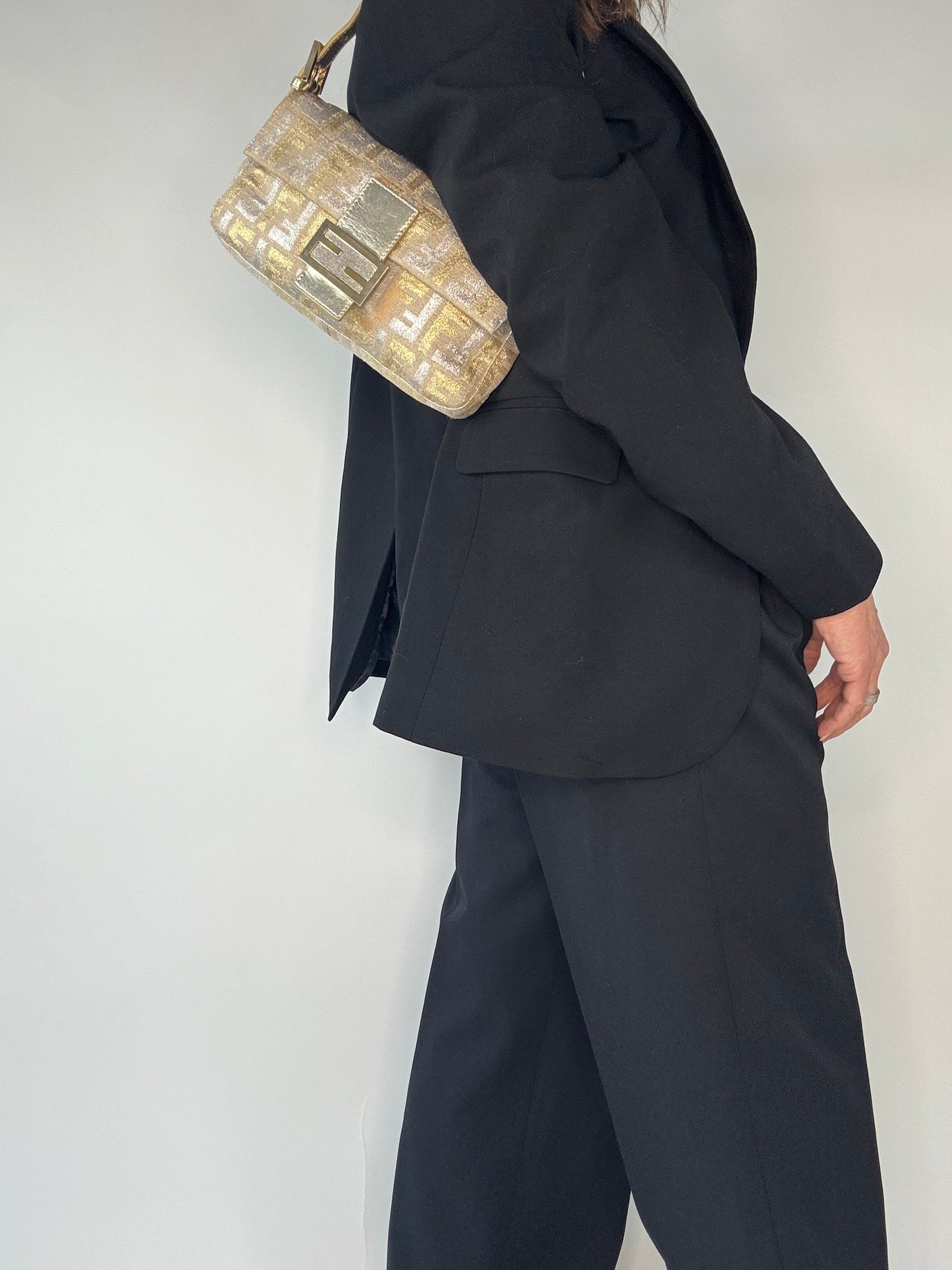Fendi Mamma Baguette Silver/Gold Jacquard Glitter Shoulder Bag
