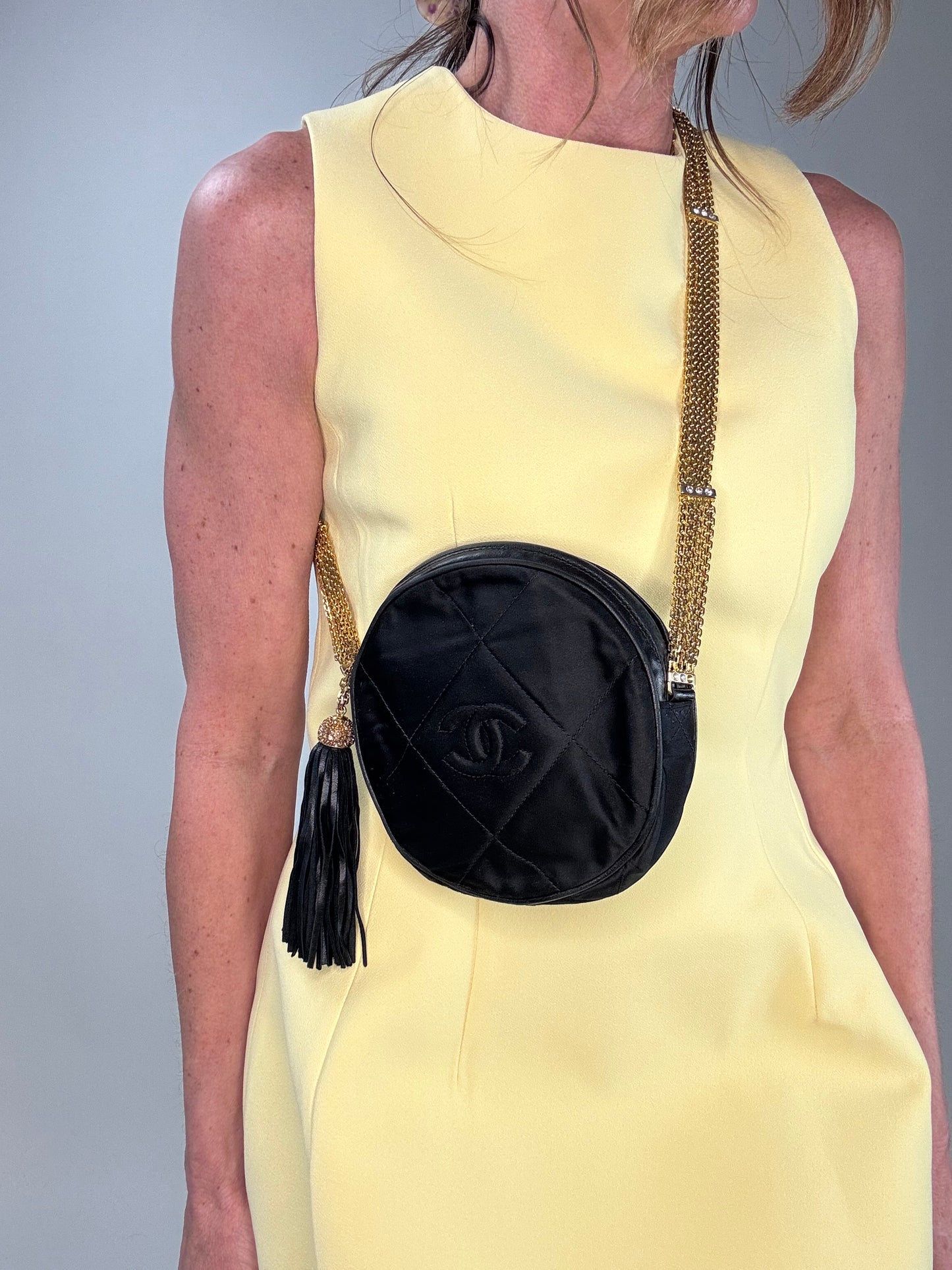 Chanel Rare Circle CC Black Satin Rhinestone Shoulder Crossbody Bag