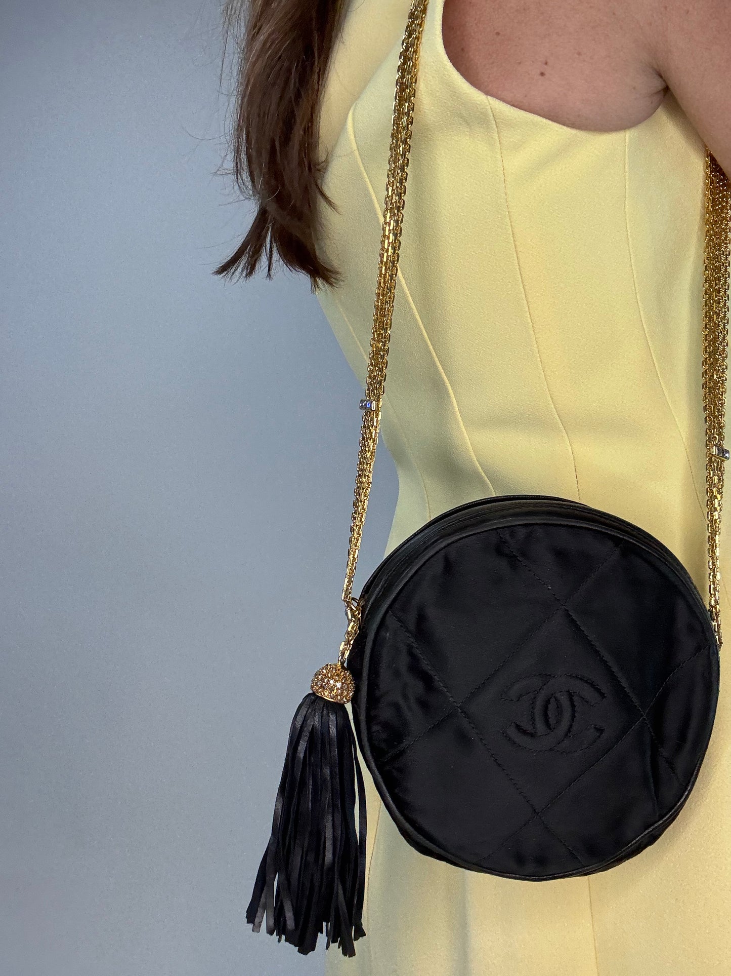 Chanel Rare Circle CC Black Satin Rhinestone Shoulder Crossbody Bag