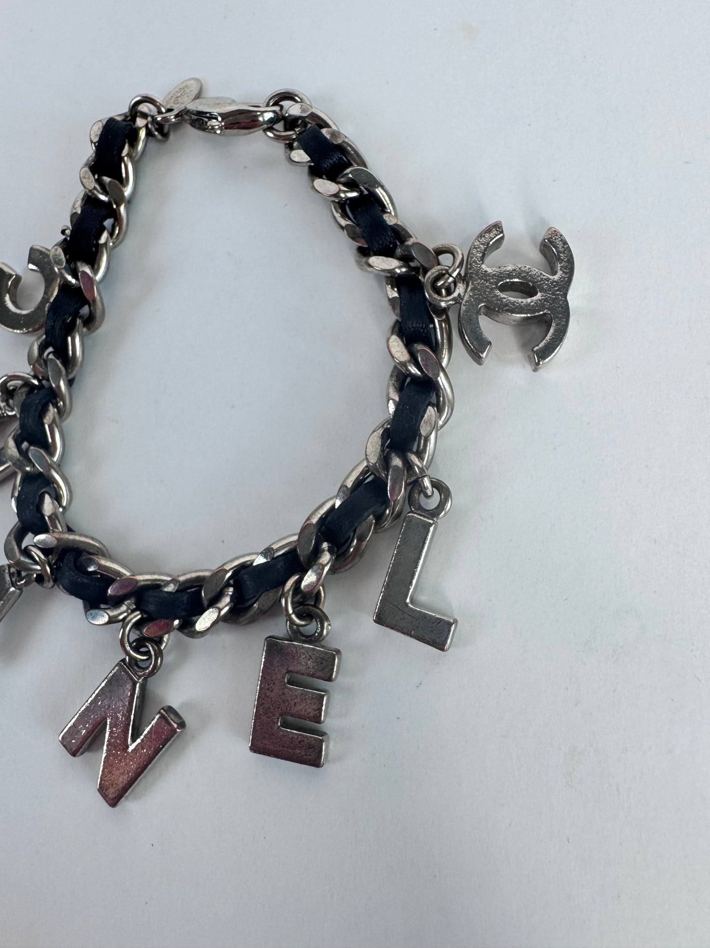 Chanel Vintage Motif Black Leather Charm Bracelet