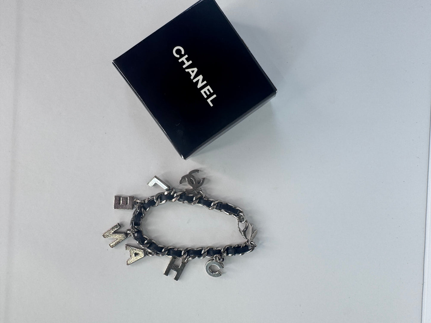 Chanel Vintage Motif Black Leather Charm Bracelet