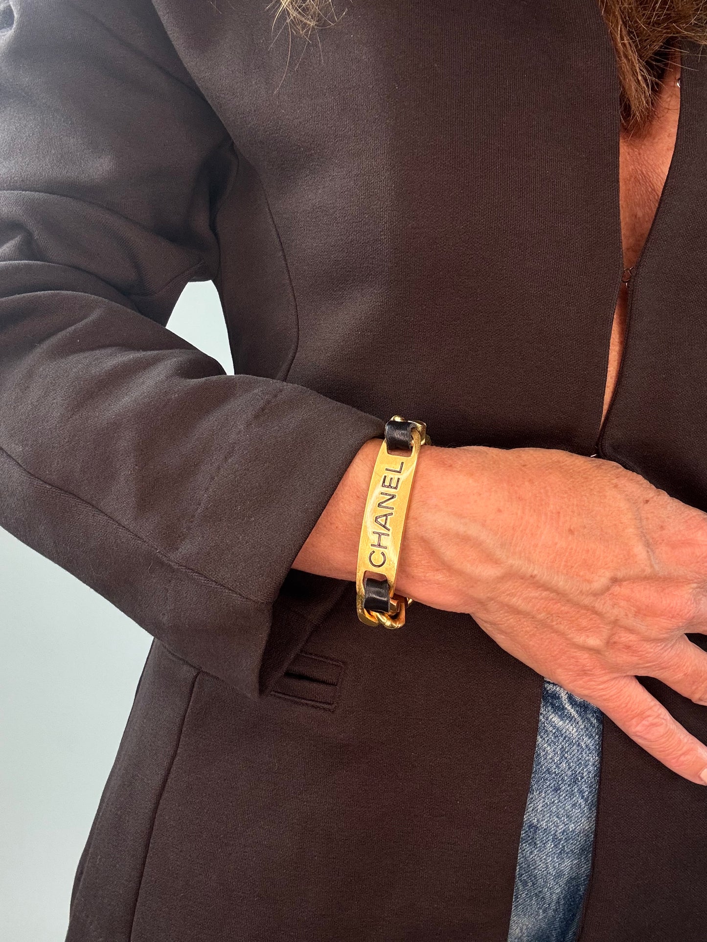 Chanel vintage signature plate leather bracelet