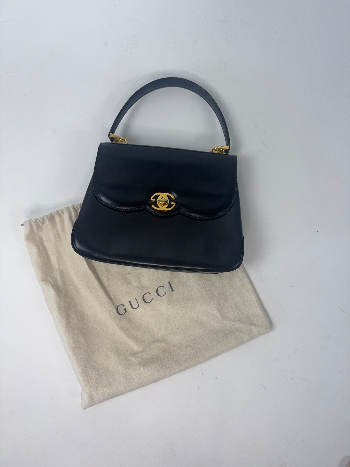 Gucci Rare Vintage Turn Lock Top Handle Calf Ski Bag