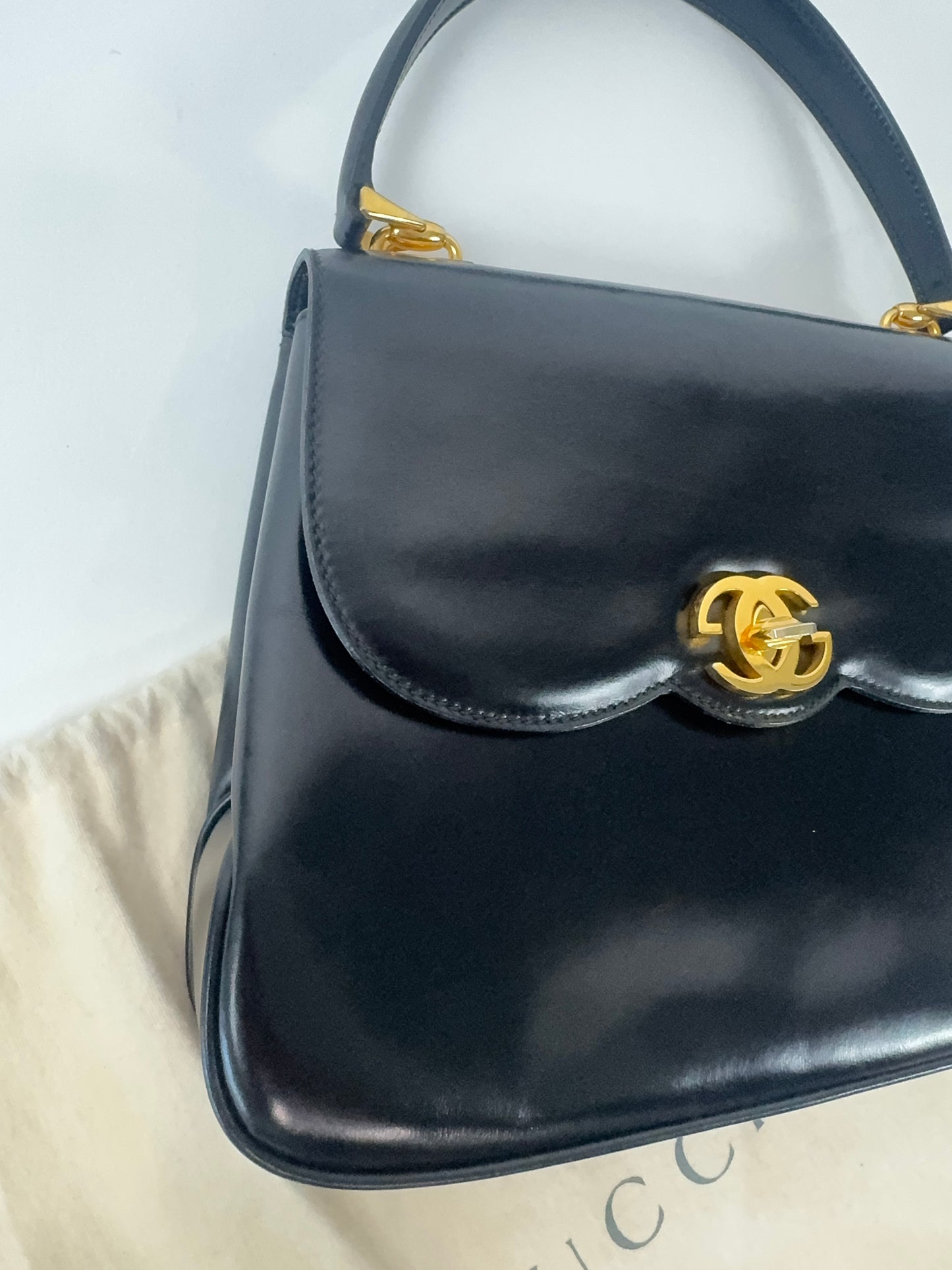 Gucci Rare Vintage Turn Lock Top Handle Calf Ski Bag
